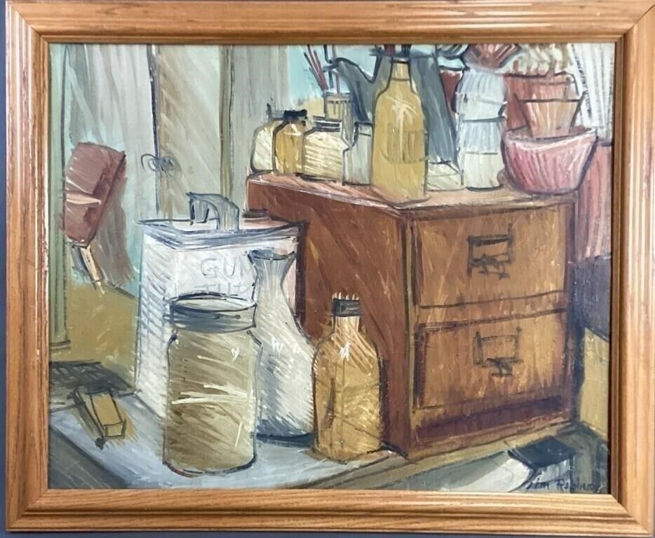 James Robinson Mid Century Still Life Painting: James Robinson's "Mid Century Still Life" is a captivating oil painting on board that encapsulates the essence of a bygone era. The artwork, measuring 22 3/4" x 18 3/4" framed, is a testament to Robin