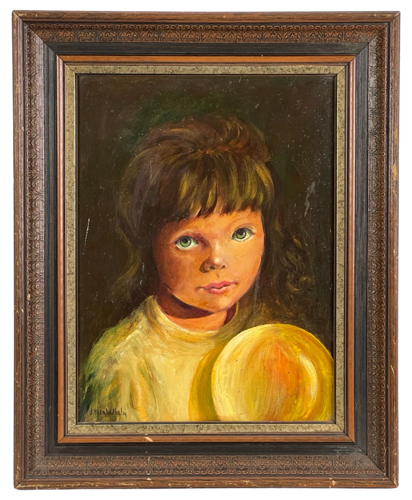 J. Ellen Wilhelm- Portrait of a Girl Oil Painting: J. Ellen Wilhelm's "Carnival Night" is a captivating mid-20th-century oil painting on board, depicting a girl with entrancingly large eyes and a luminous ball. The artwork, measuring 21" x 17" when fr