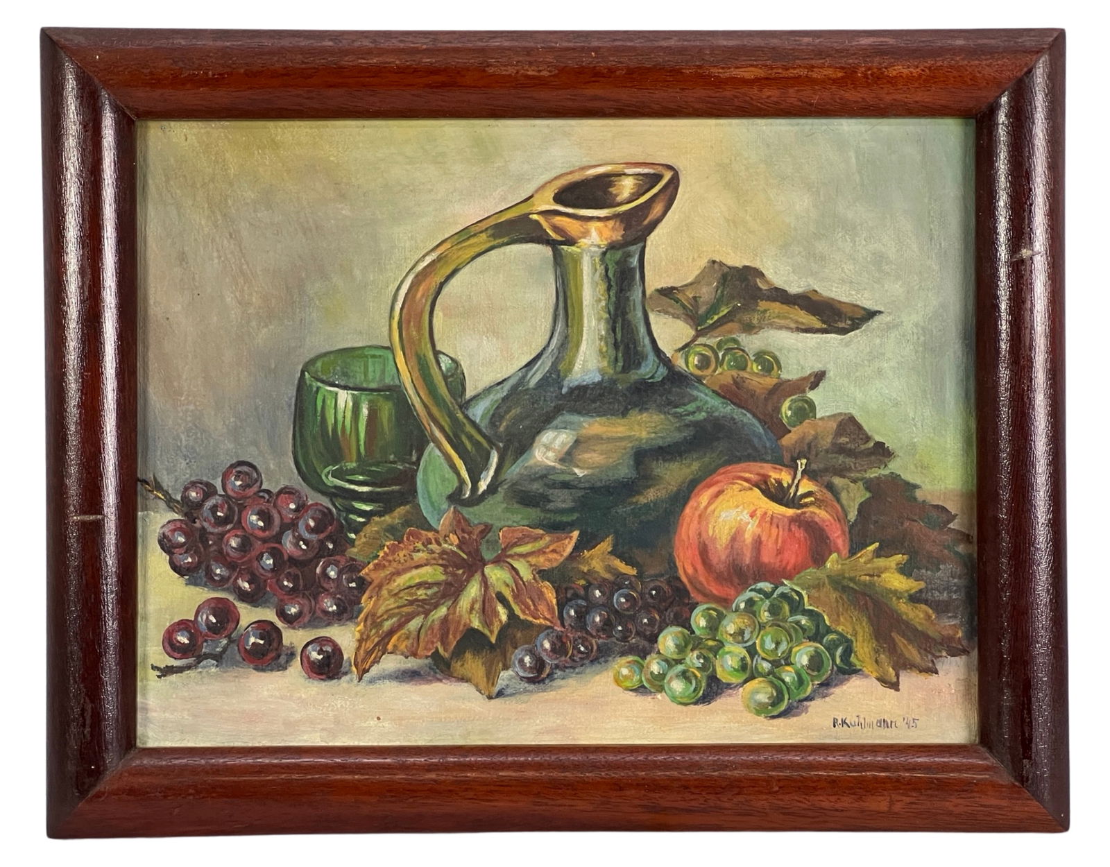 1945 Still Life Oil Painting by R. Kuhlmann: This charming oil painting on canvas- Still Life with Wine Pitcher and Fruits, is a delightful representation of post-war artistry. Painted by R. Kuhlmann and dated '45 in the lower right corner, it o