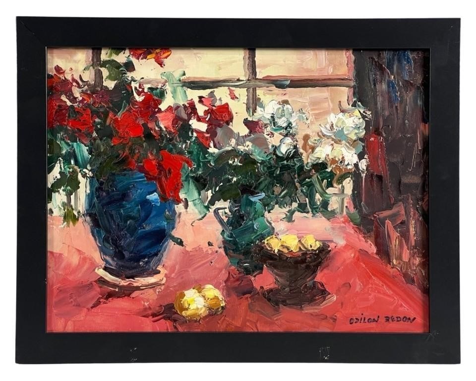 Still Life Oil Painting in style of Odilon Redon: Immerse yourself in the enchanting world of Still Life with Flowers, an oil painting on canvas that beautifully captures the essence of Odilon Redon's distinctive style. The artwork, measuring 18" x 1