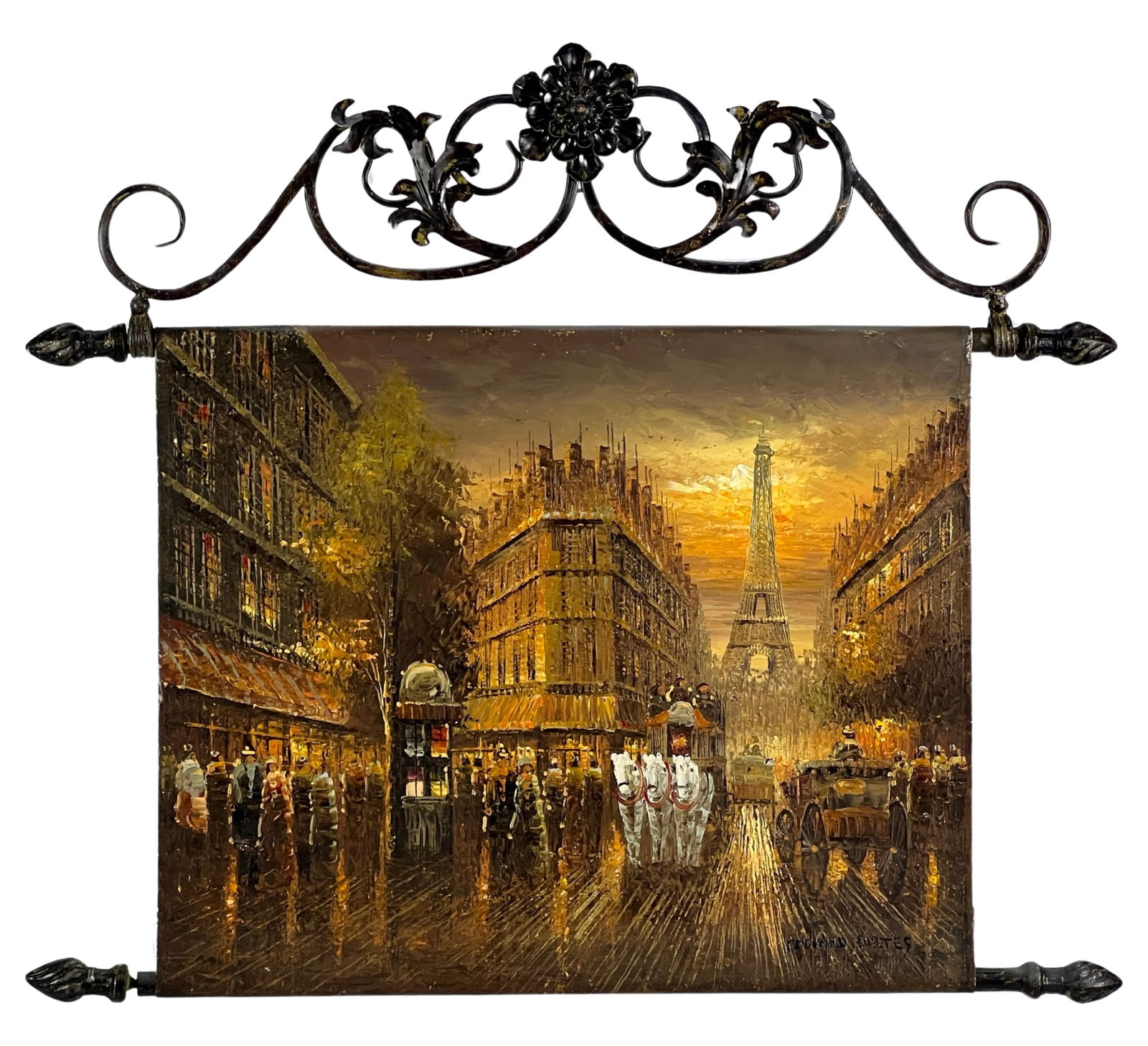 Paris Scene Painting in manner of Edouard Cortes: This splendid oil painting on canvas, reminiscent of the style of the renowned Edouard Cortes, transports viewers to the enchanting streets of Victorian Paris at the break of dawn. The scene is bathed