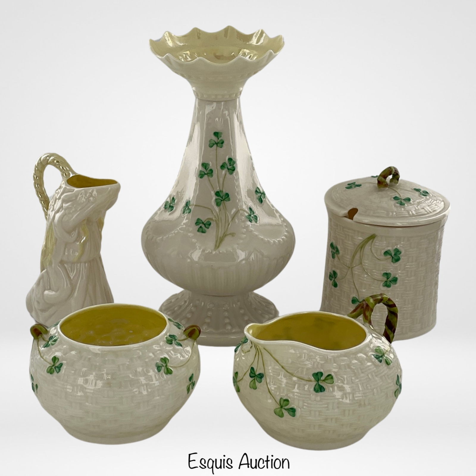 Assortment of Belleek Shamrocks- Vase, Creamers, B (1 of 5)