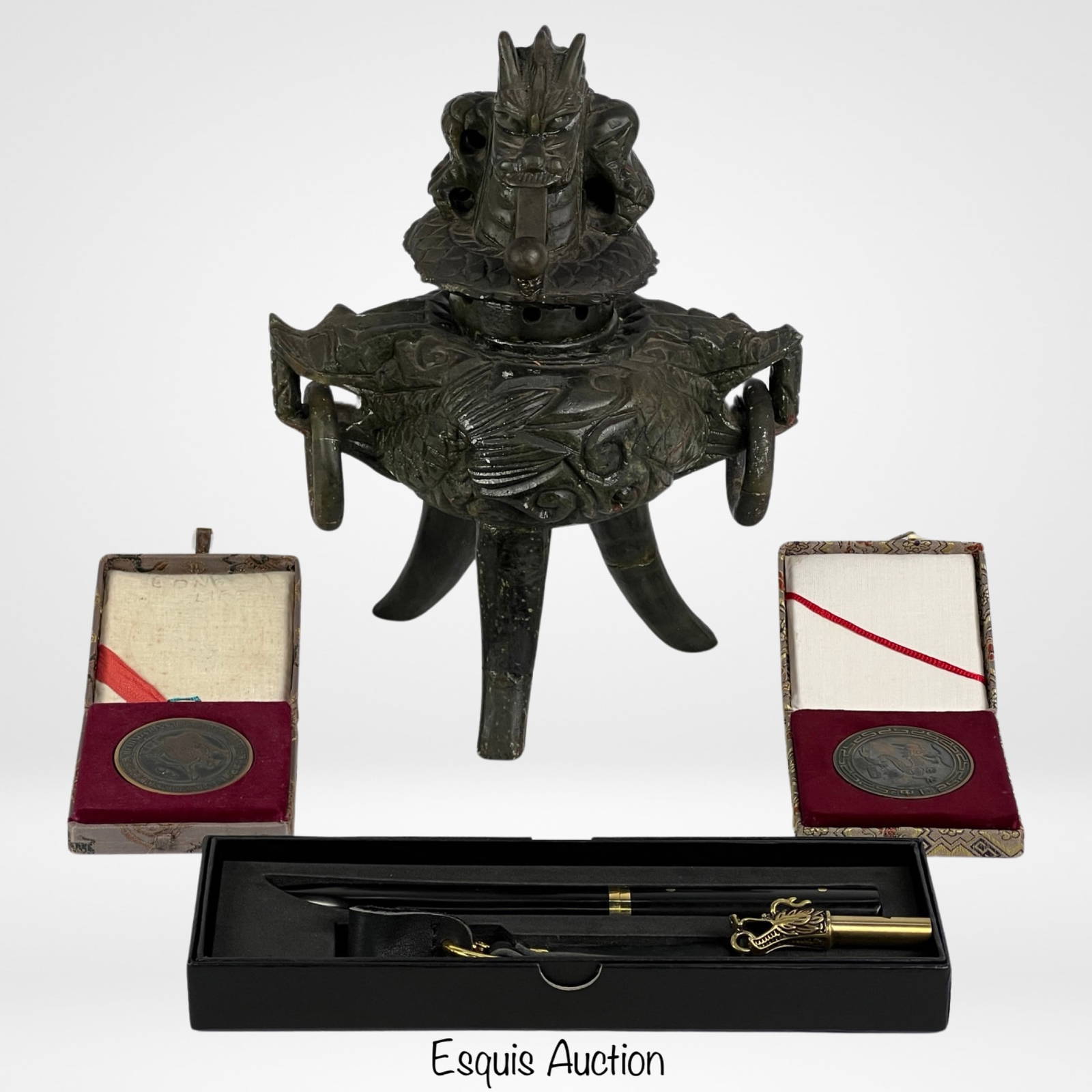 Antique Chinese Carved Jade Dragon Incense Burner Auction