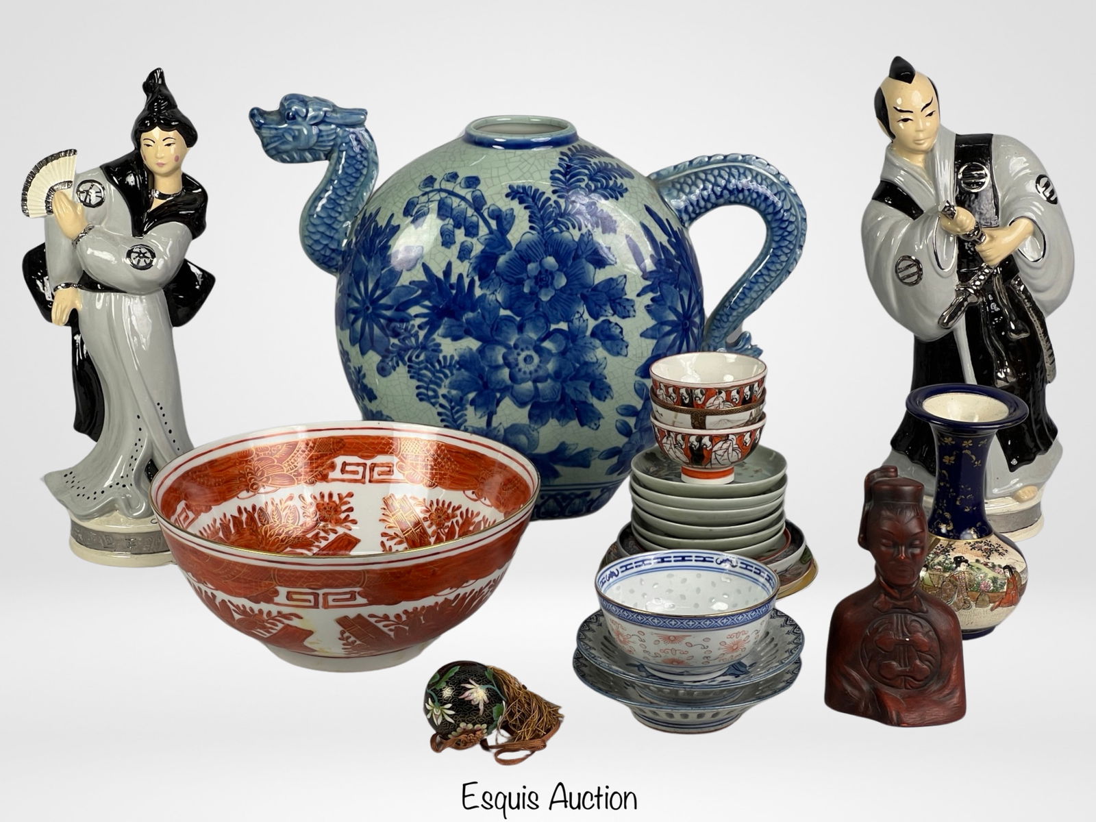 Vintage Chinese/ Japanese Art Pottery & Ceramics: Vintage Chinese/ Japanese Art Pottery & Ceramics, Highest is 14". Good overall condition, Samurai Figure has broken off sword.