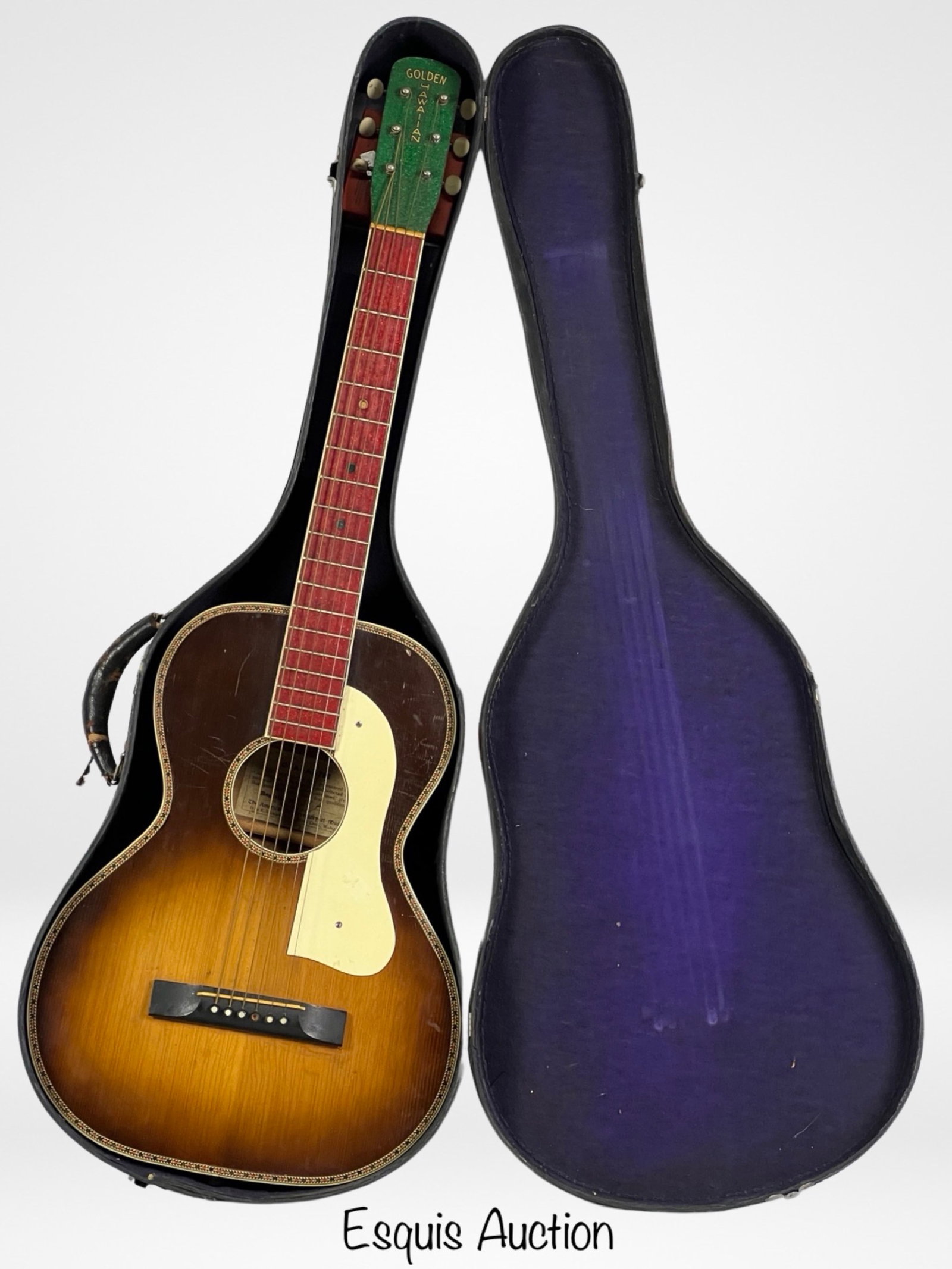 30's Golden Hawaiian American Conservatory Guitar: Transport yourself to the golden era of music with this vintage 1930's Golden Hawaiian Acoustic Guitar crafted by the American Conservatory of Music. This beautifully preserved instrument exudes the c