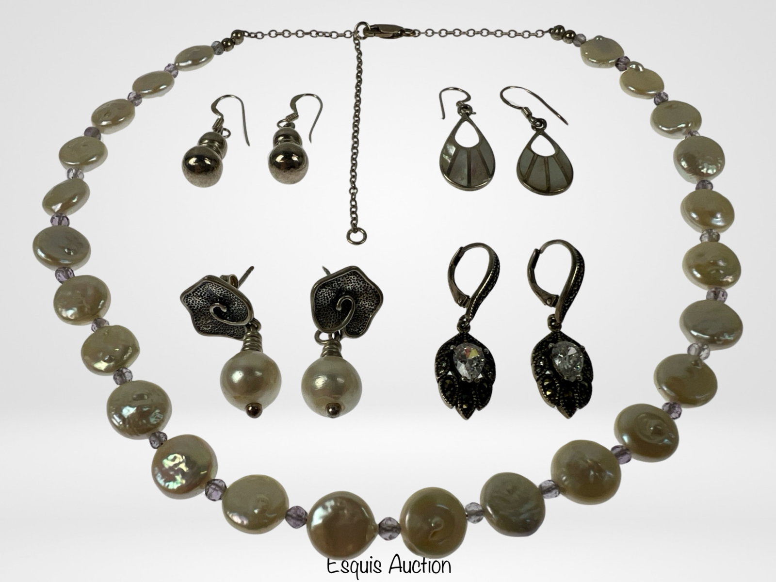 Sterling Silver Jewelry- Pearl Necklace & Earrings: Elegany Lady's Sterling Silver Jewelry- Pearl Neckalce and 3 pairs of earrings. Necklace is 16" long.