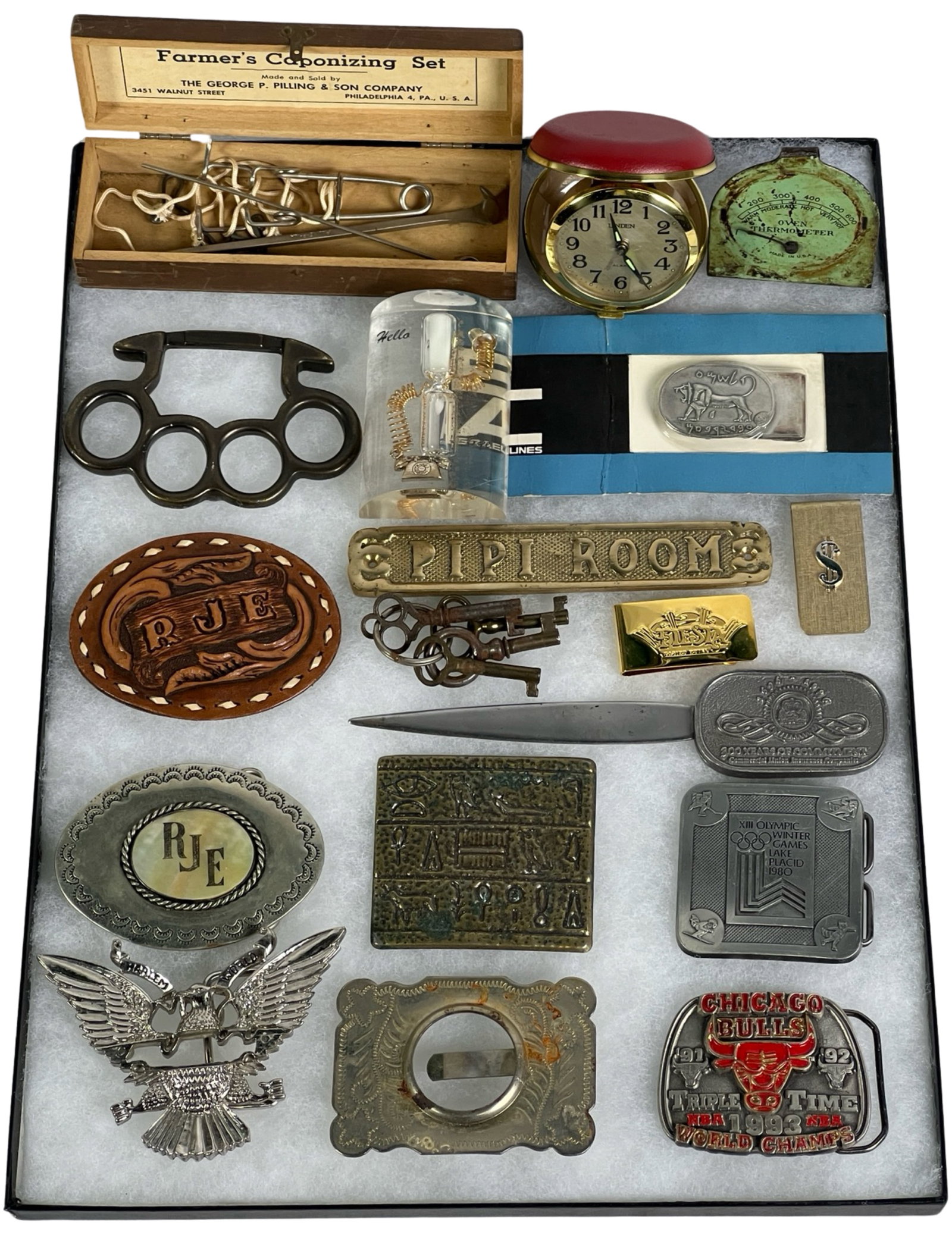 Vintage Belt Buckles, Money Clips, Knuckle: Vintage Belt Buckles, Money Clips, Knuckle, Keys, Paperweight "Pipi Room" Sign, etc...