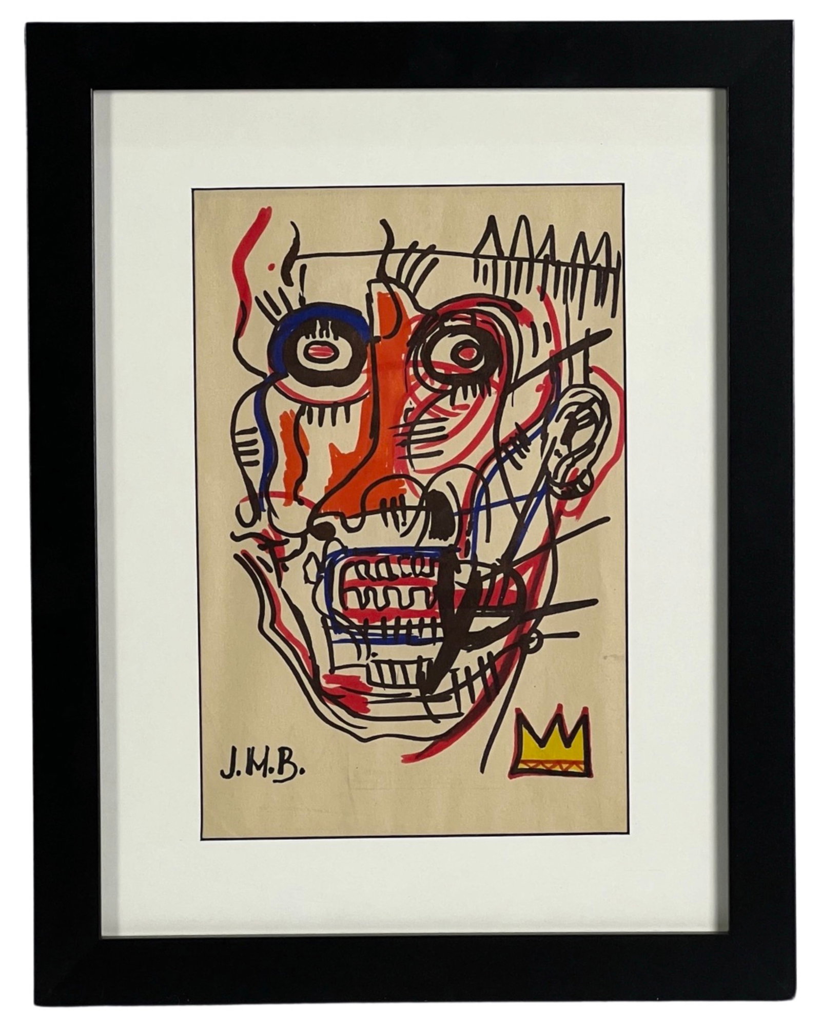 Jean-Michel Basquiat (in style) Pop-Art Drawing: The Colorful Pop-Art Drawing on Paper, reminiscent of the iconic style of Jean-Michel Basquiat, is a vibrant and dynamic artwork that pays homage to the renowned artist's groundbreaking approach. This