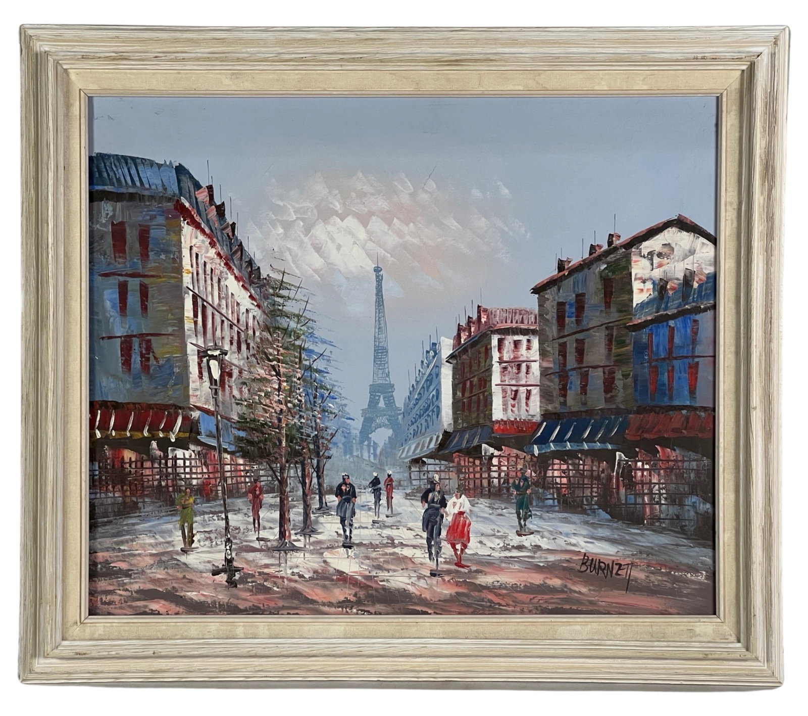 Caroline Burnett- Parisian Street Oil Painting: This captivating oil painting, entitled "Parisian Rendezvous," is a Modernist masterpiece by the talented artist Caroline Burnett. Her signature in the lower right corner confirms her authorship of th