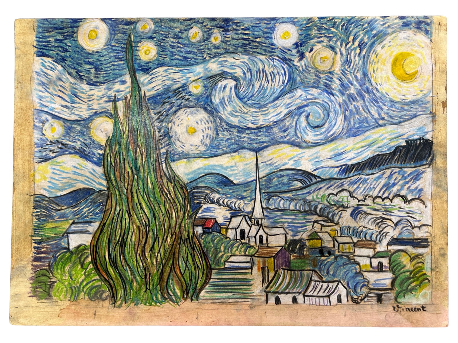 Starry Night Pastel Drawing in manner of Van Gogh (1 of 3)