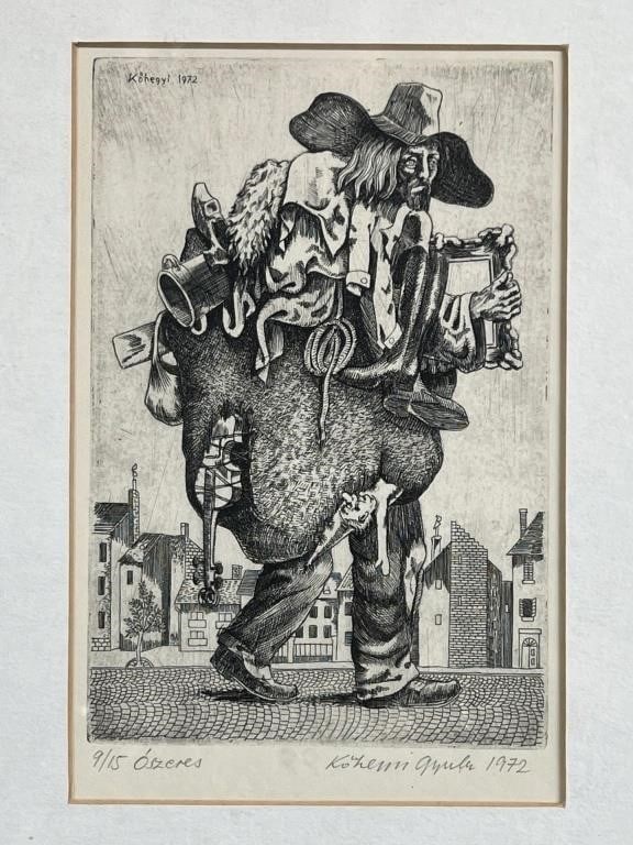 Kohegyi Gyula- Hungarian Junk Man Signed Etching: This captivating limited edition etching titled "Oszeres (Junk Man)" is a fine piece of art by the Hungarian artist Kohegyi Gyula. The etching is hand-signed by the artist and features both his signat