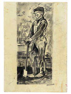 Farmer Original Drawing in style of Van Gogh: This original drawing, evoking the style of Vincent Van Gogh, depicts a farmer leaning on his spade, showcasing the artist's mastery in capturing the essence of rural life. Signed "Vincent" in the low