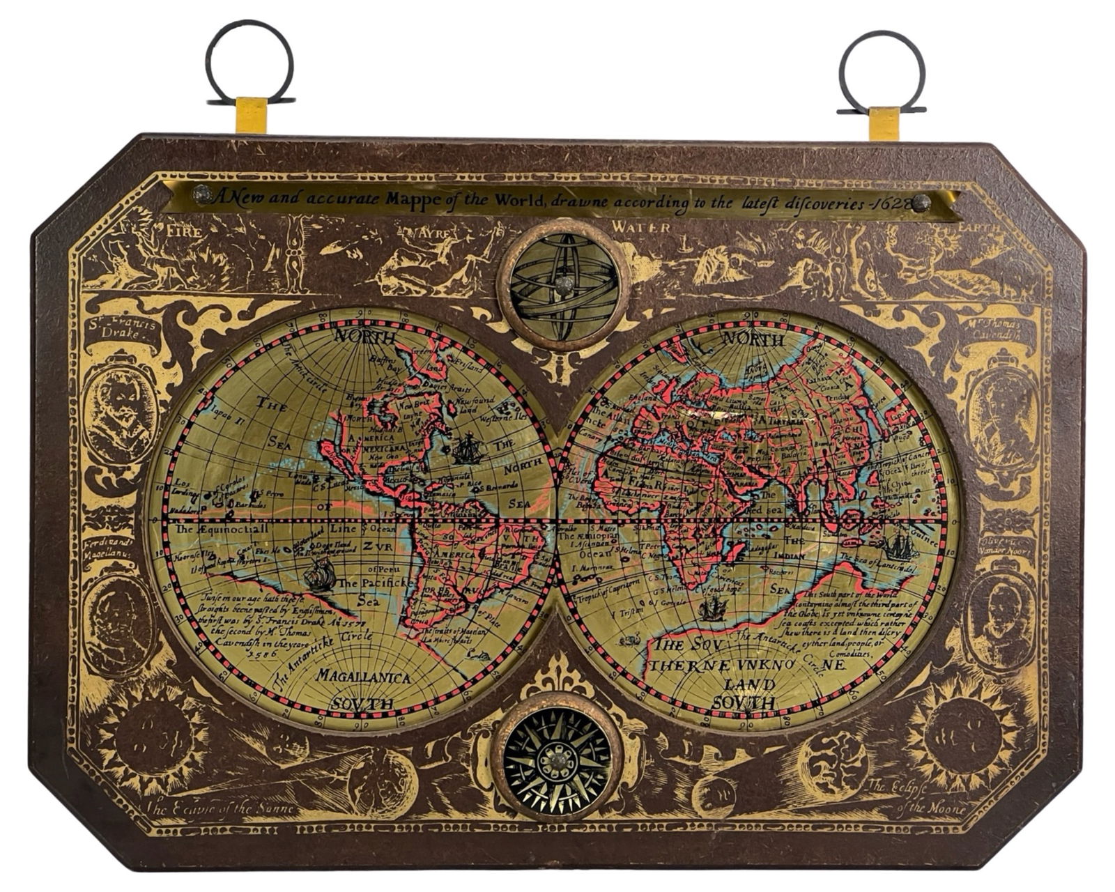 Large Brass 1628 World Map Wall Art by Masketeers (1 of 5)