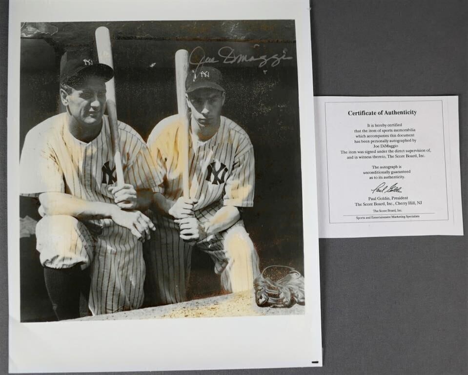 Joe DiMaggio Autographed Baseball Photograph: The Vintage Black & White Photograph of Lou Gehrig & Joe DiMaggio autographed by Joe DiMaggio is a remarkable piece of baseball memorabilia. This photograph captures a special moment in baseball histo