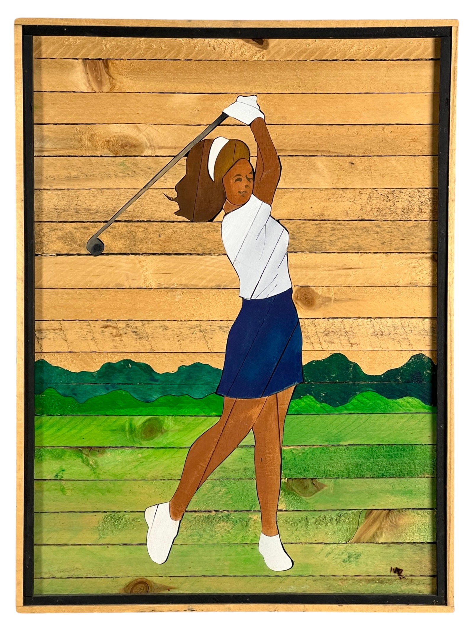 Mark Russell- Rough-Cut Inlaid Wood Art- Golfer: Crafted by Mark R. Russell, this striking piece is an inlaid wood wall art featuring a depiction of a lady golfer. The artwork is crafted with rough-cut wood and skillfully inlaid to form the design. 