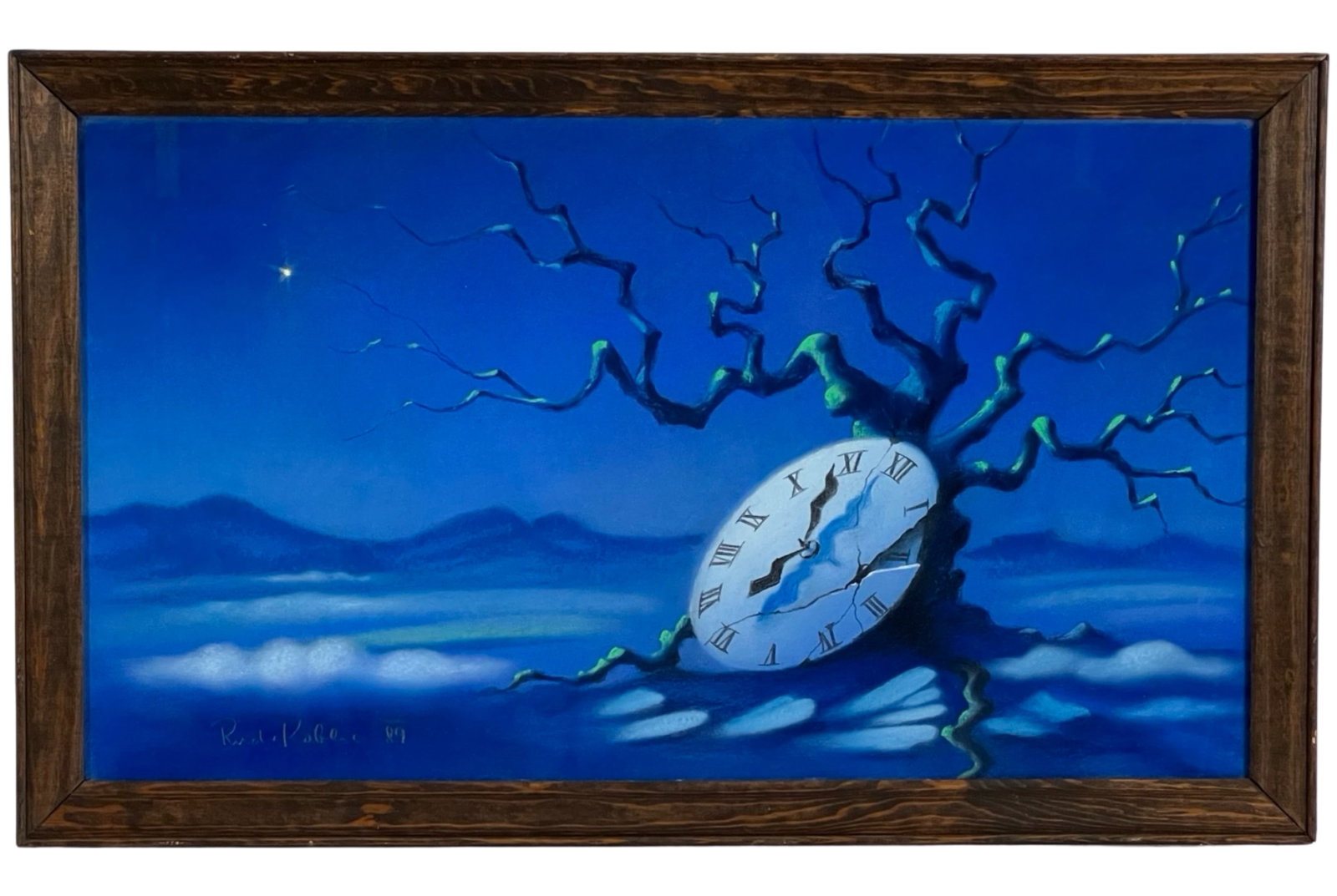 Rud Koblic- Broken Clock Surreal Pastel Painting: Offered is an intriguing piece by Rud Koblic, a surreal pastel painting with Broken Clock. Created in 1989, this artwork measures 27" x 16" framed. Koblic's distinctive signature and the date are situ