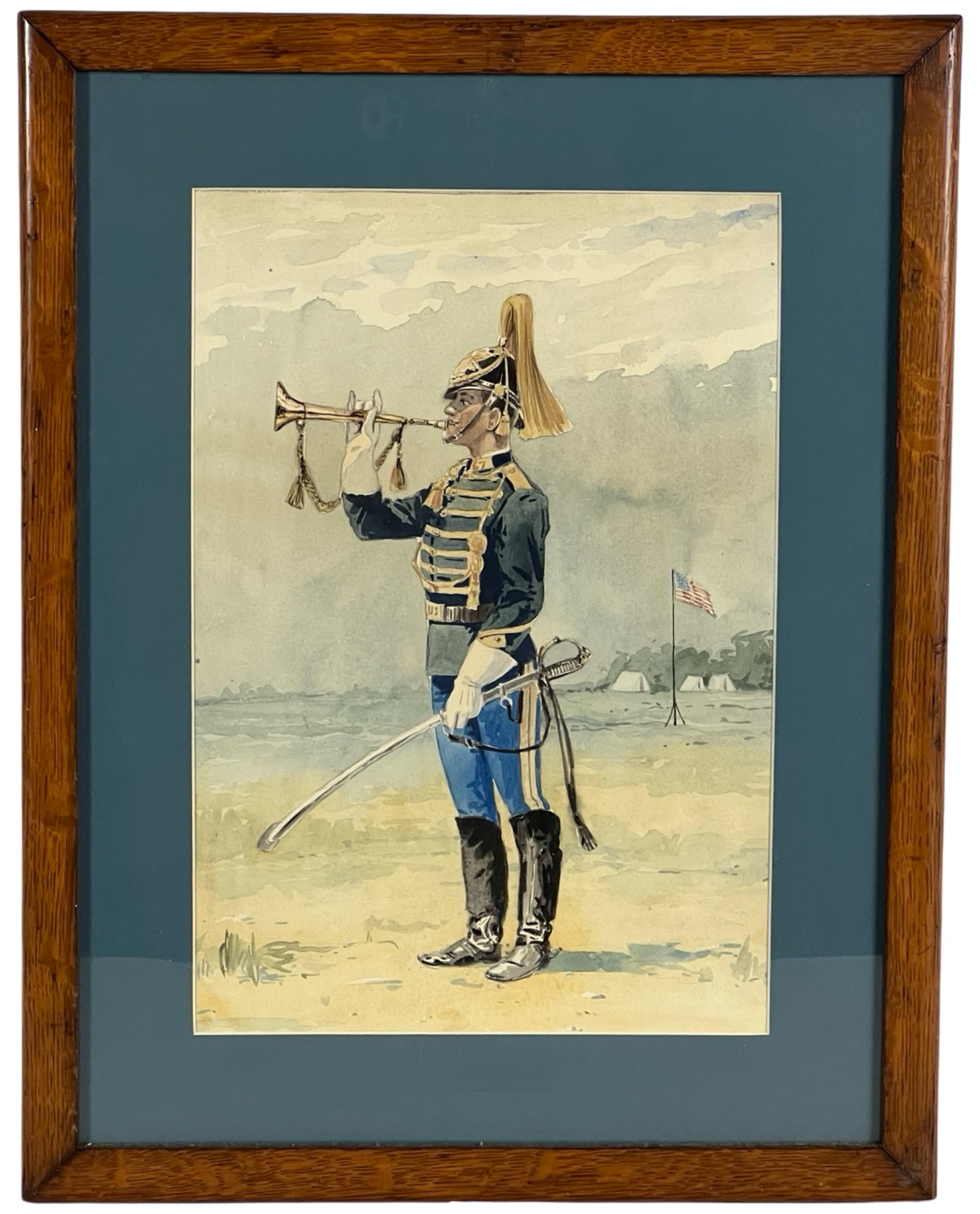 U.S. Cavalry Bugler Watercolor Painting: Compelling watercolor painting capturing the image of a U.S. Cavalry Bugler. Made in the turn of the 20th century. This evocative artwork, measuring 20" x 15 1/2" framed, holds historical and cultural