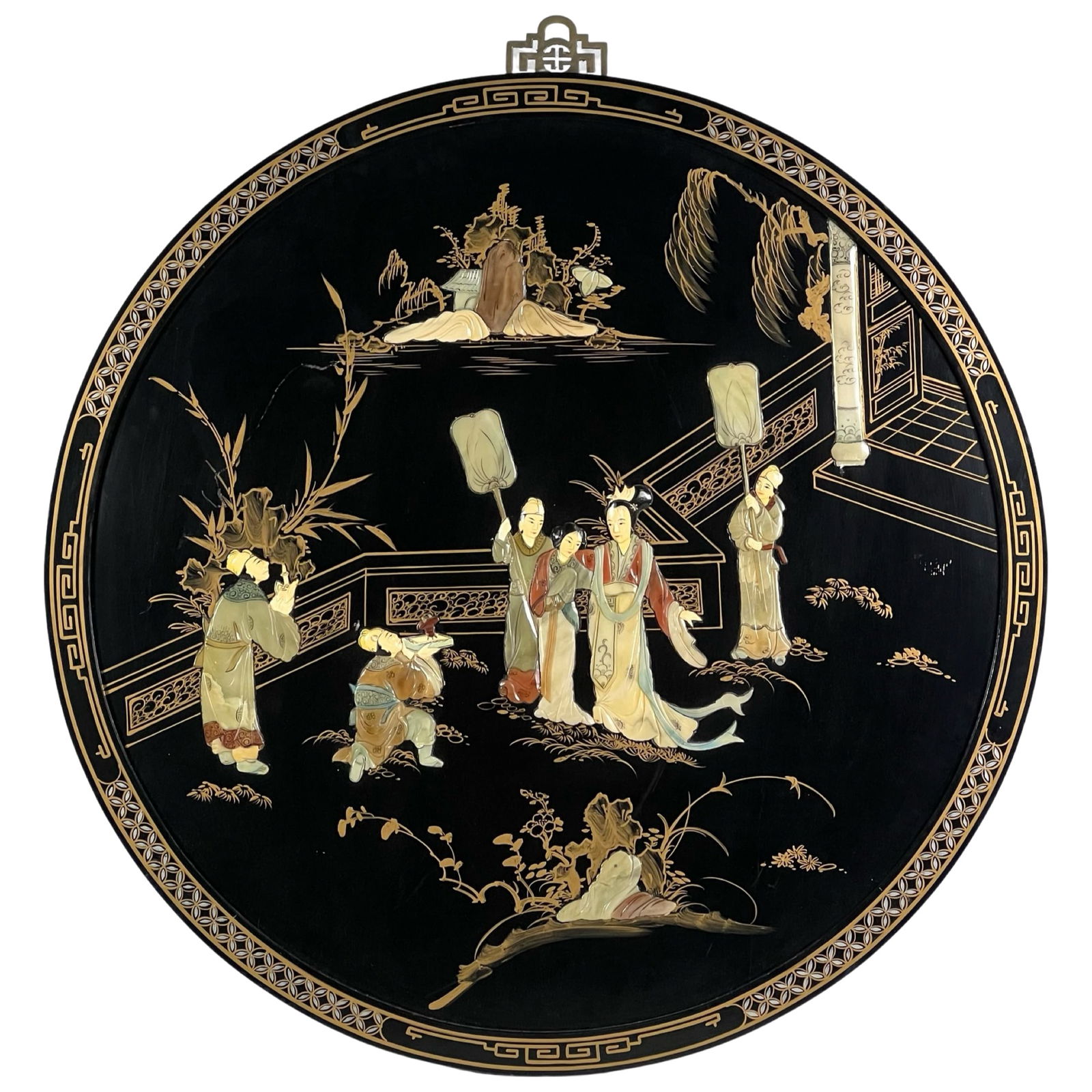 Chinese Round Laquer Garden Scene Wall Panel (1 of 2)