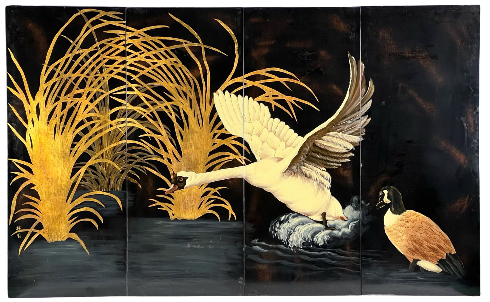 Chinese Lacquer Four Panel Art Collage Swan & Duck (1 of 3)