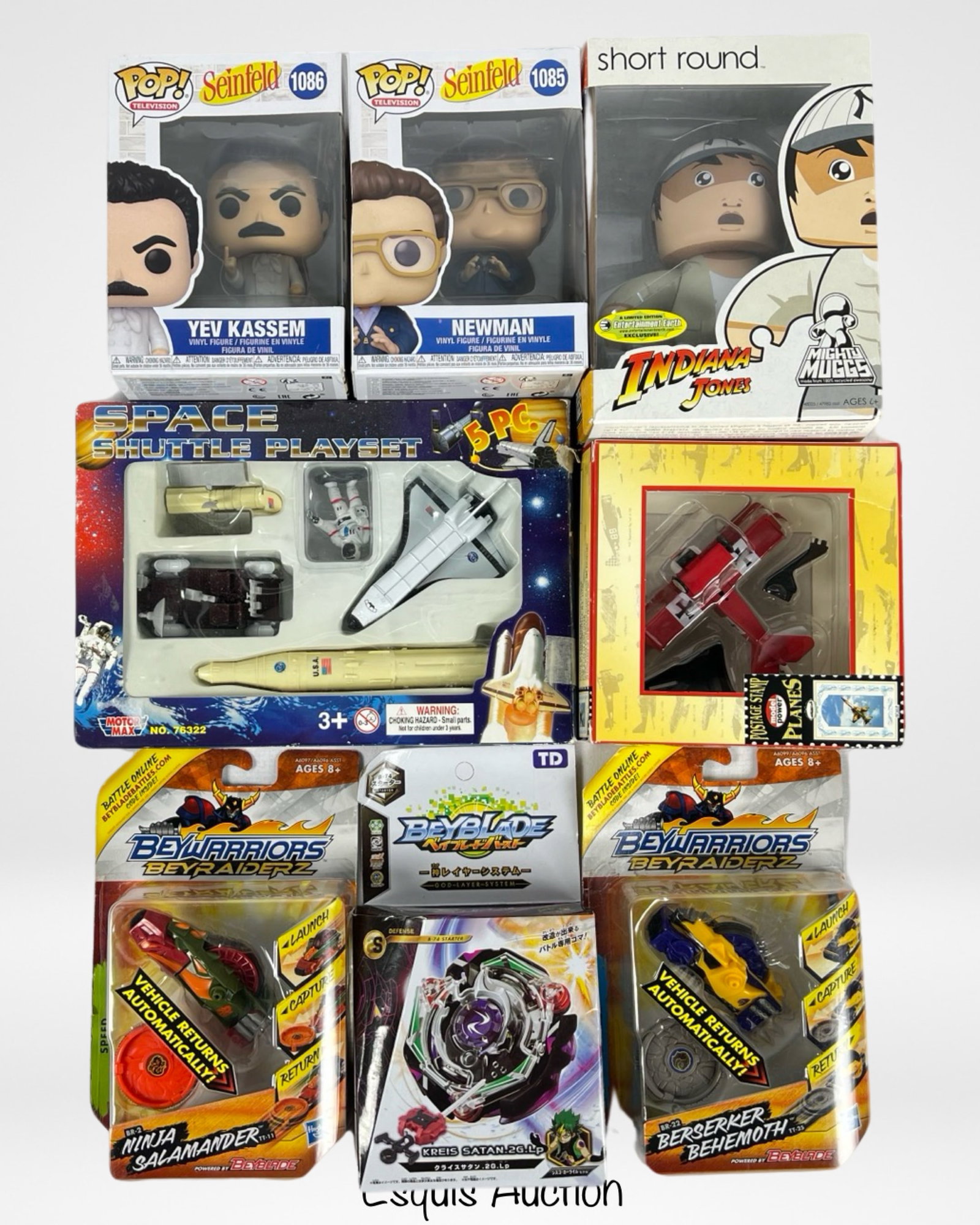 Pop! Action Figures, BayWarriors & Bayblade Toys: Pop! Action Figures, BayWarriors & Bayblade Toys, Model Power Die-Cast Plane. All appear to be in mint condition.
