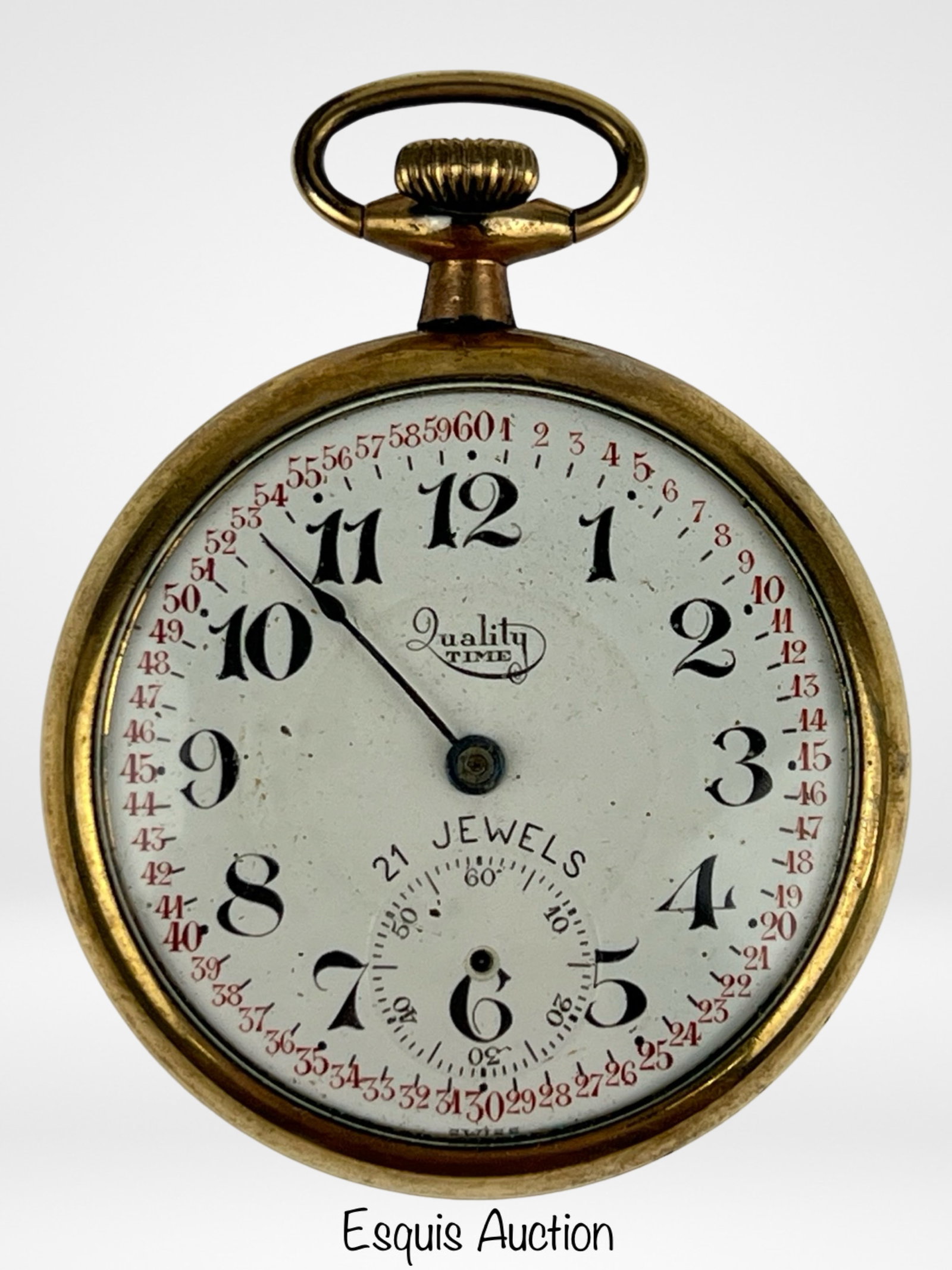 Antique Quality Time 21 Jewels Pocket Watch: Antique Quality Time 21 Jewels Pocket Watch in Gold Filled Case. Winds up and seems to be working but needs new hour and second hands.