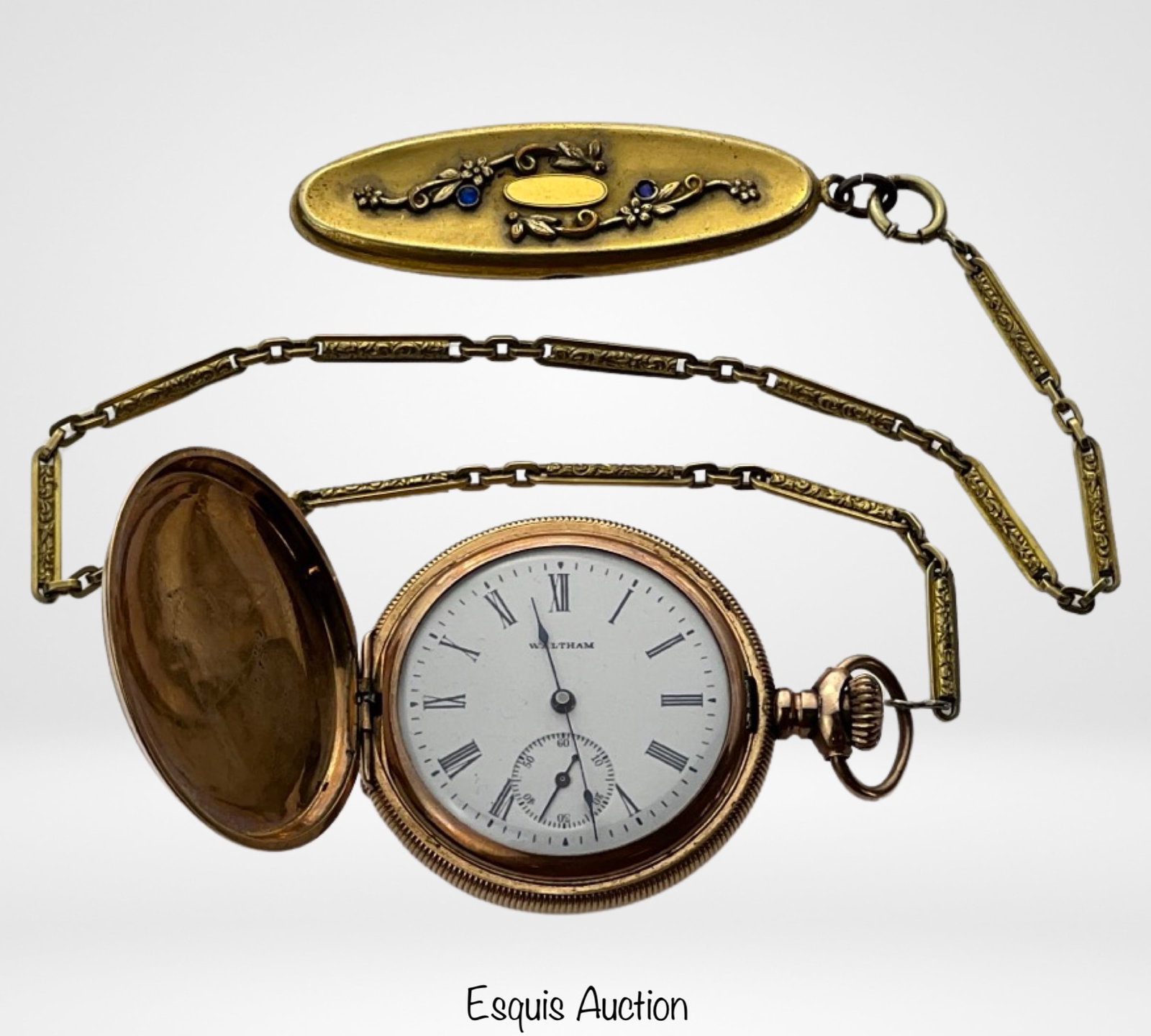 Antique Walhtam 15 Jewels Pocket Watch GF Case: Antique Walham 15 Jewels Pocket Watch in Gold Filled Case with Gold Filled Watch Fob Locket. Good overall condition, working.