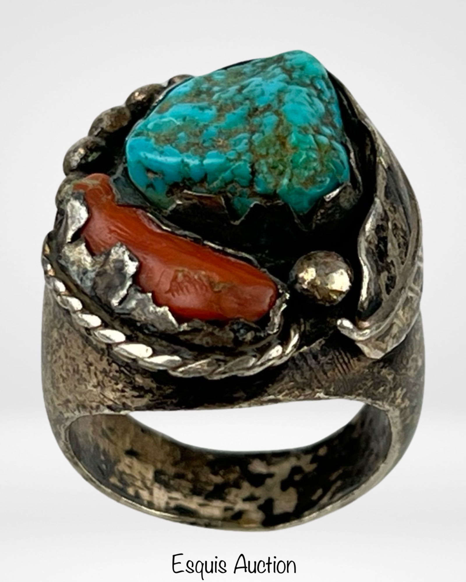 Massive Navajo Sterling Turquoise & Coral Ring (1 of 6)