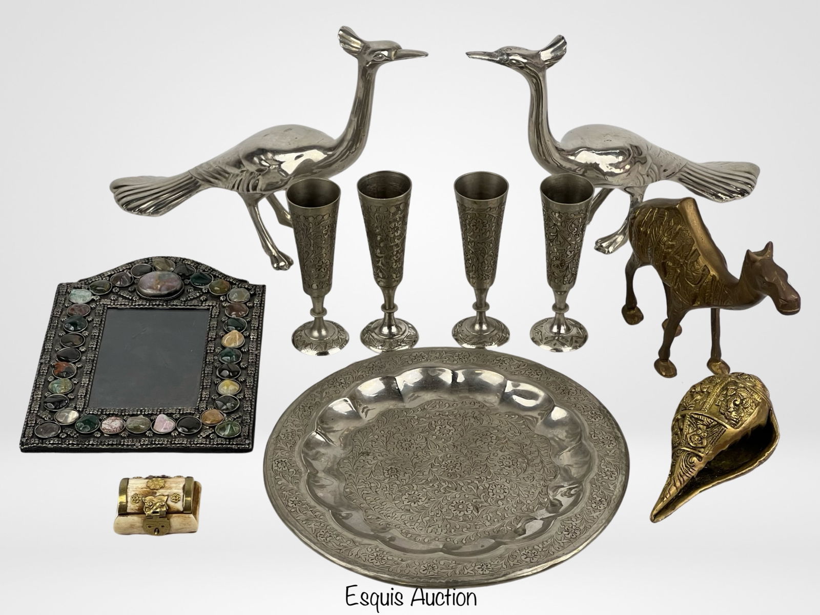 Middle Eastern & Indian Decor Collection: Indian Etched Floral Cordial Set, Pair of Metal Piacock Figures, Brass Camel Figure, Brass Auspicious Lord Ganesha Shankh, Bone Inlay Trinket Chest, Stone Inlay Middle Eastern Style Picture Frame.