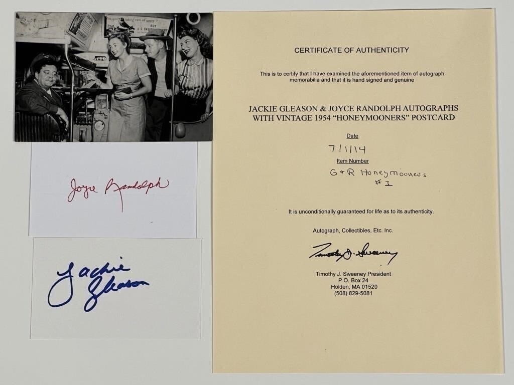 Honeymooners- Autographs- Jackie Gleason & Joyce R: Capture a piece of television history with these autographs of the legendary Jackie Gleason and Joyce Randolph, stars of the iconic 1950s sitcom "The Honeymooners." Both signatures are meticulously pr