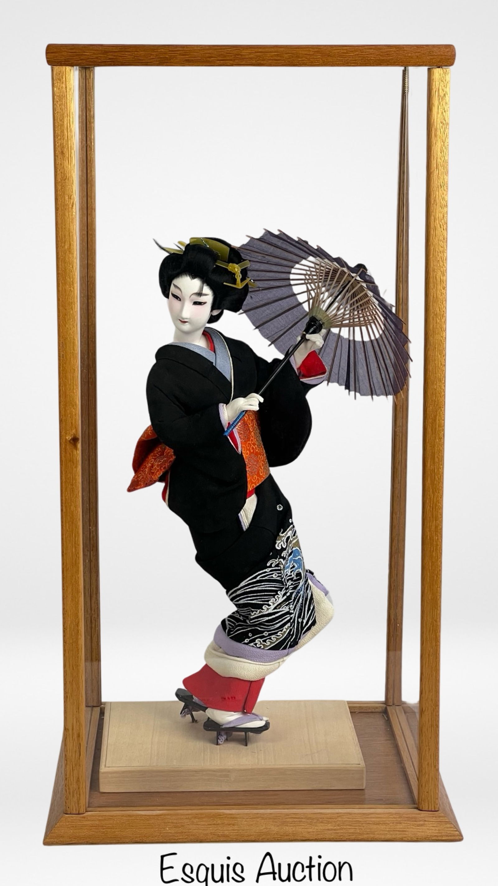 Japanese Geisha Doll with Umbrella in Display Case (1 of 2)