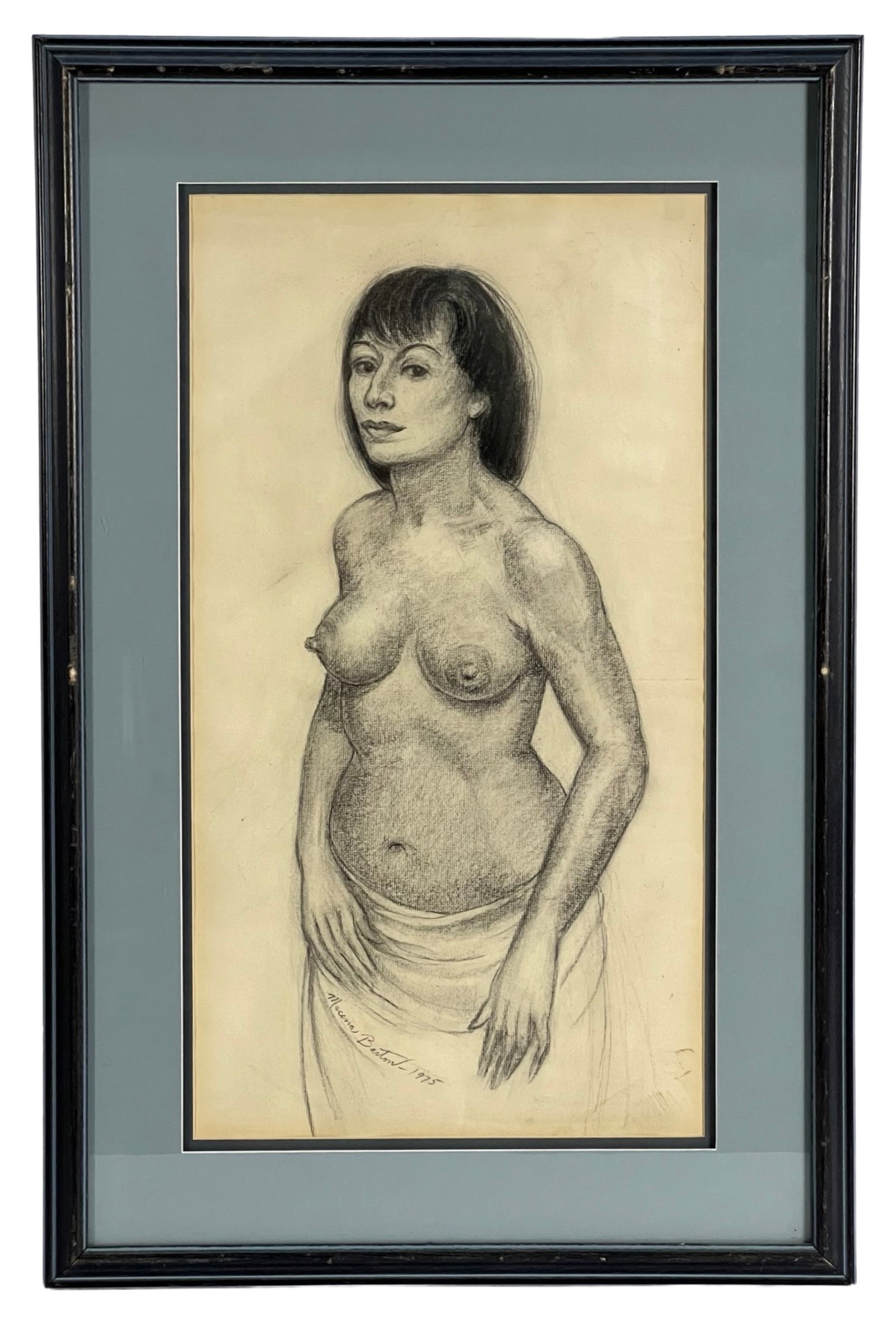 Macena Barton- Nude Women Charcoal Drawing: Experience the captivating allure of Macena Barton's Charcoal Drawing, a striking portrayal of nude women. This expressive piece, bearing the artist's signature and 1975 date in the lower left corner,