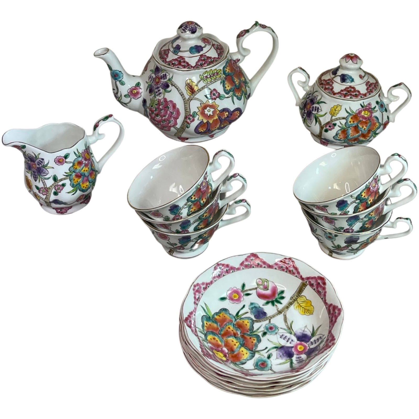 KAROLINA LEHMAN HAND PAINTED Lot Of Pottery: KAROLINA LEHMAN HAND PAINTED Lot Of 15 Pieces Pottery Koi Flowers Pattern.Including 6 Tea Cups,6 Saucers Plates,1 Teapot,1Creamer,1Jar.Good Condition,Size From 5 To 9 Inches.