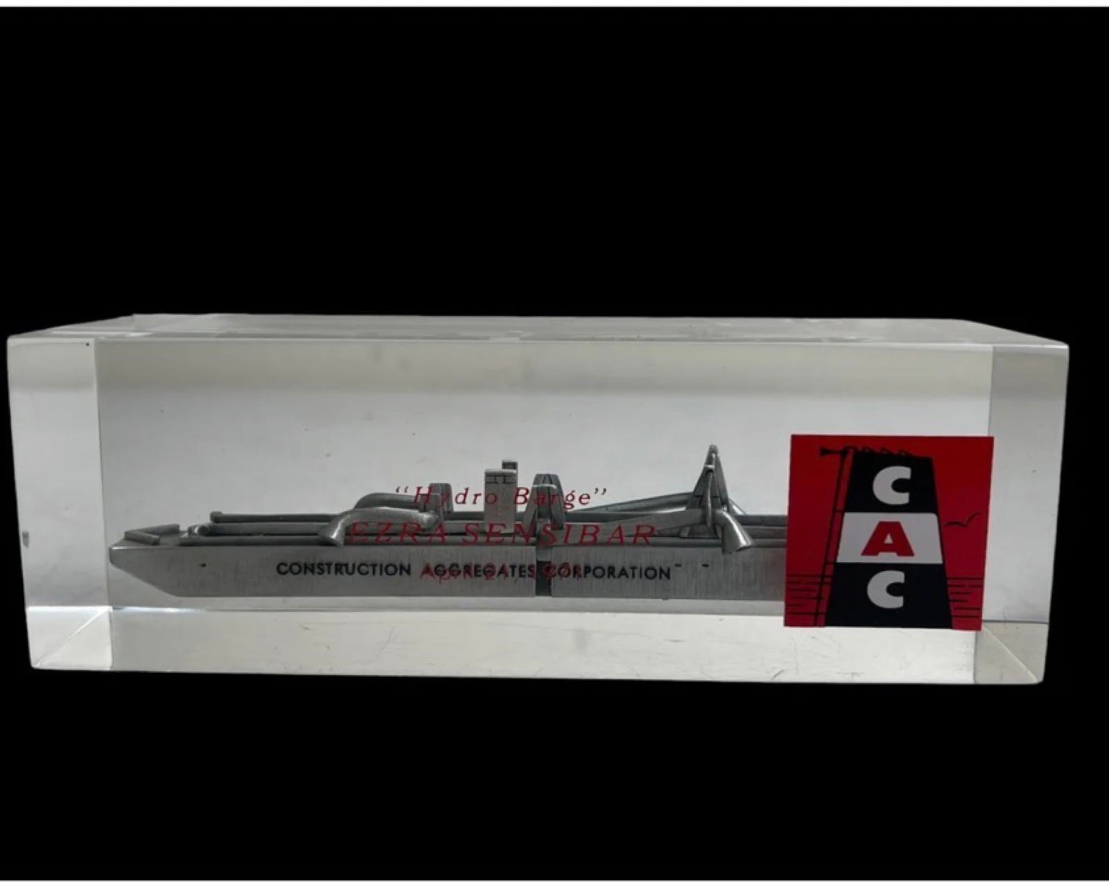 Vtg 1971s Pewter Model In Lucite Paperweight: Vtg 1971s Pewter Model In Lucite Paperweight Hydro Barge Ezra Sensibar.Good Condition,Size 6x2 Inches