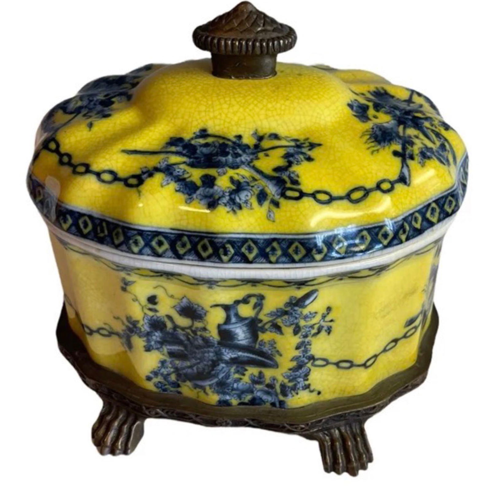 Vintage Castilian Imports Porcelain Lidded Bowl: Vintage Castilian Imports Porcelain Feet Blue&Yellow Decorative Lidded Bowl.Good Condition,Size 8x8x6,5 Inches.