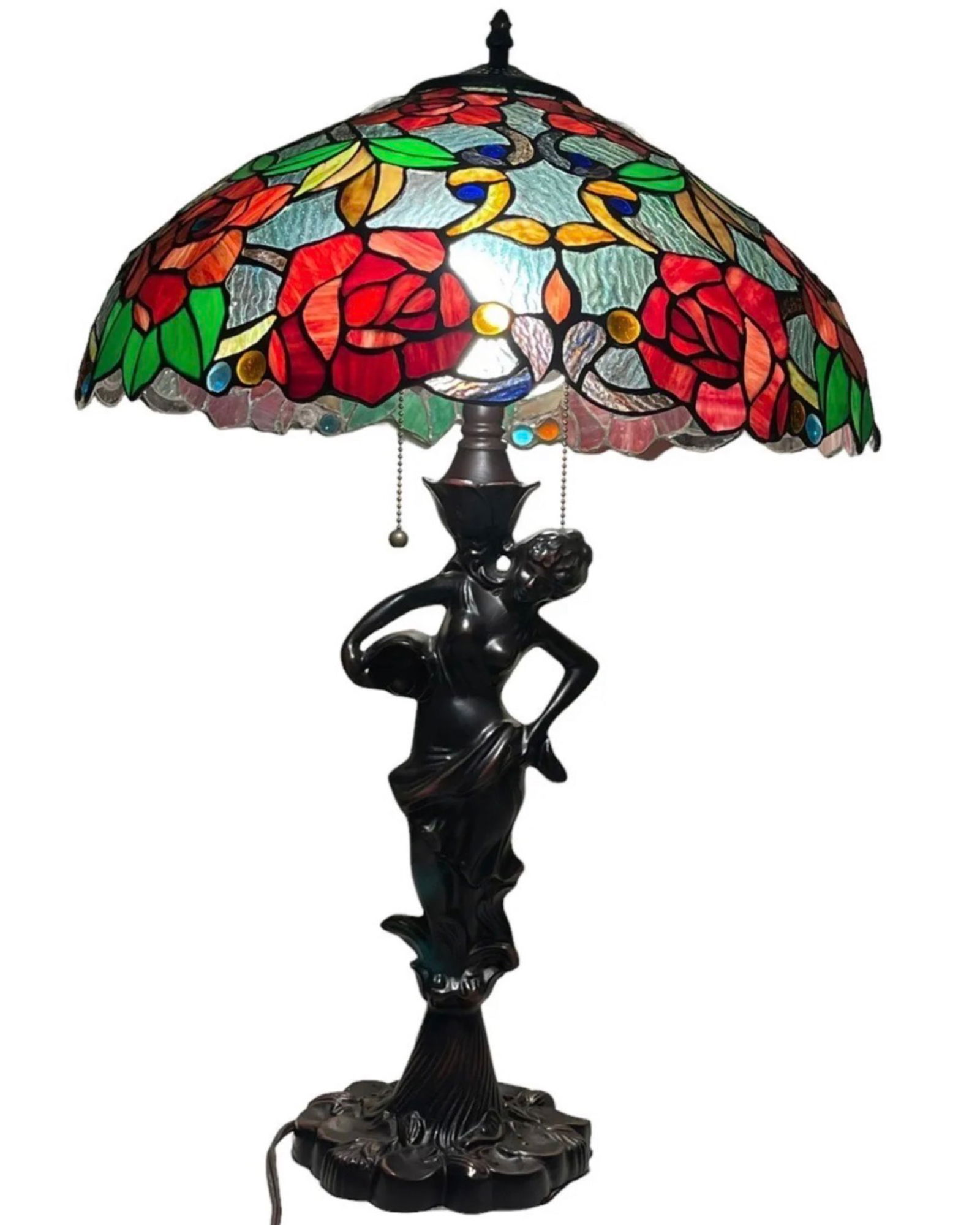 Stained Glass Tiffany Style 2 Bulb With Roses Lamp (1 of 12)
