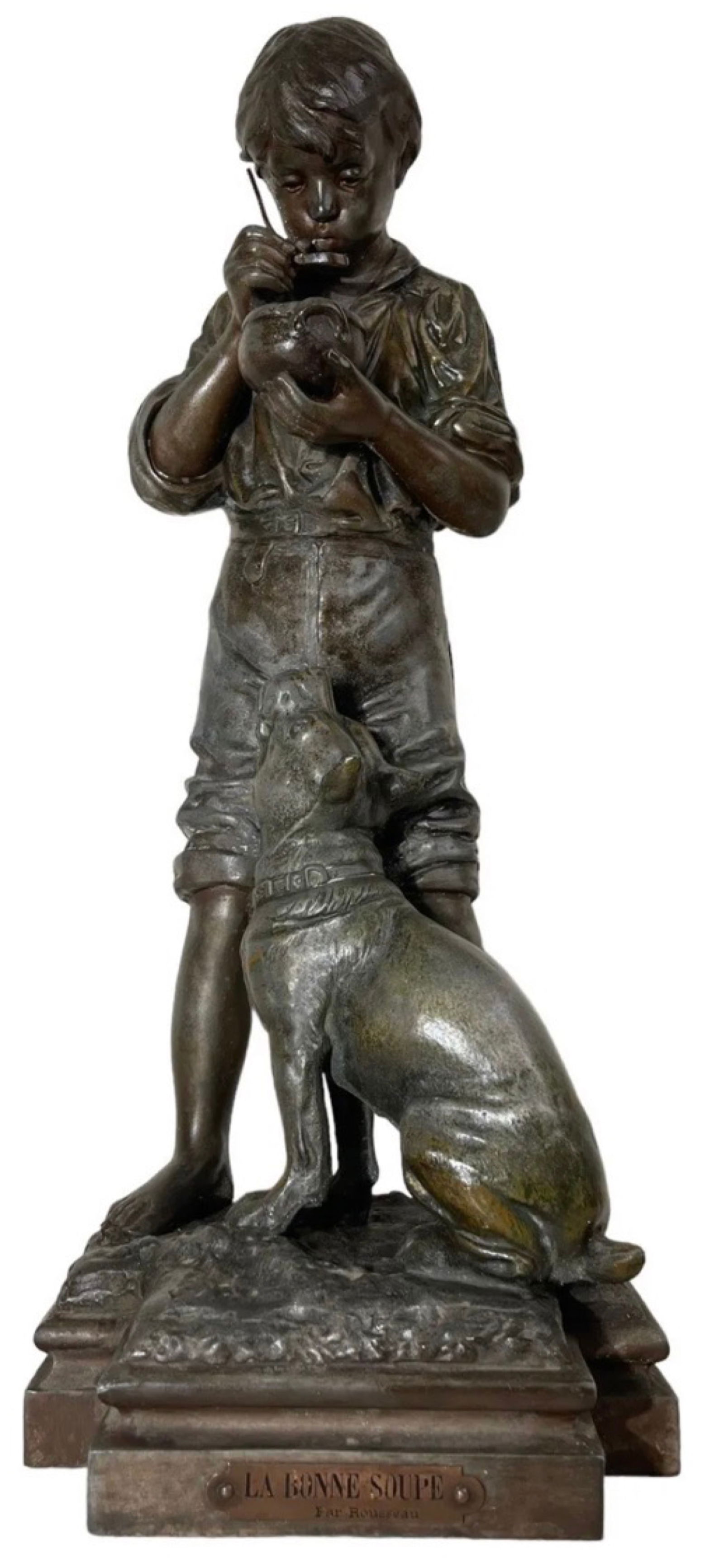 ~Le Bonne Soupe~By Victor Rousseau Sculpture: Antique French Cast Metal Spelter Boy & Dog~Le Bonne Soupe~By Victor Rousseau.Have one small Whole in the back of the leg,sell like as is!!!Size 17x7x6 Inches.This antique French cast metal spelter sc
