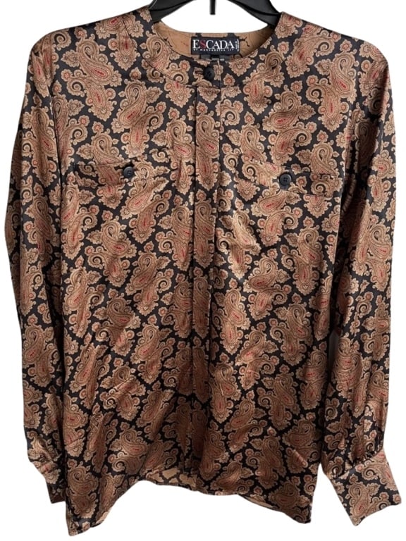Escada by Margaretha Ley Silk Blouse Paisley Print: Vintage Womens Escada by Margaretha Ley Silk Blouse Paisley Print Made In W Germany,Size 34.Good Condition.READ BEFORE BIDDING: Esquis Auction does not have specialists on designer clothes, shoes, pur