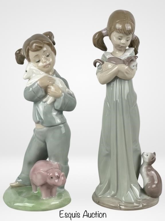 2 Lladro Porcelain Figurines-Girls with Pets: Lladro "Don't Forget Me!" Girl with Kitten Porcelain Figurine 5743: This endearing figurine features a young girl gently holding a kitten, creating a heartwarming scene. The delicate craftsmanship and