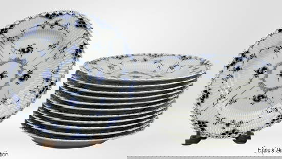 Royal Copenhagen 12 Blue Fluted Dinner Plates 1084: Elevate your dining experience with the Royal Copenhagen Blue Fluted Full Lace Dinner Plates, a set of 12, each featuring the distinguished No. 1084. With a generous diameter of 10 inches, these plate