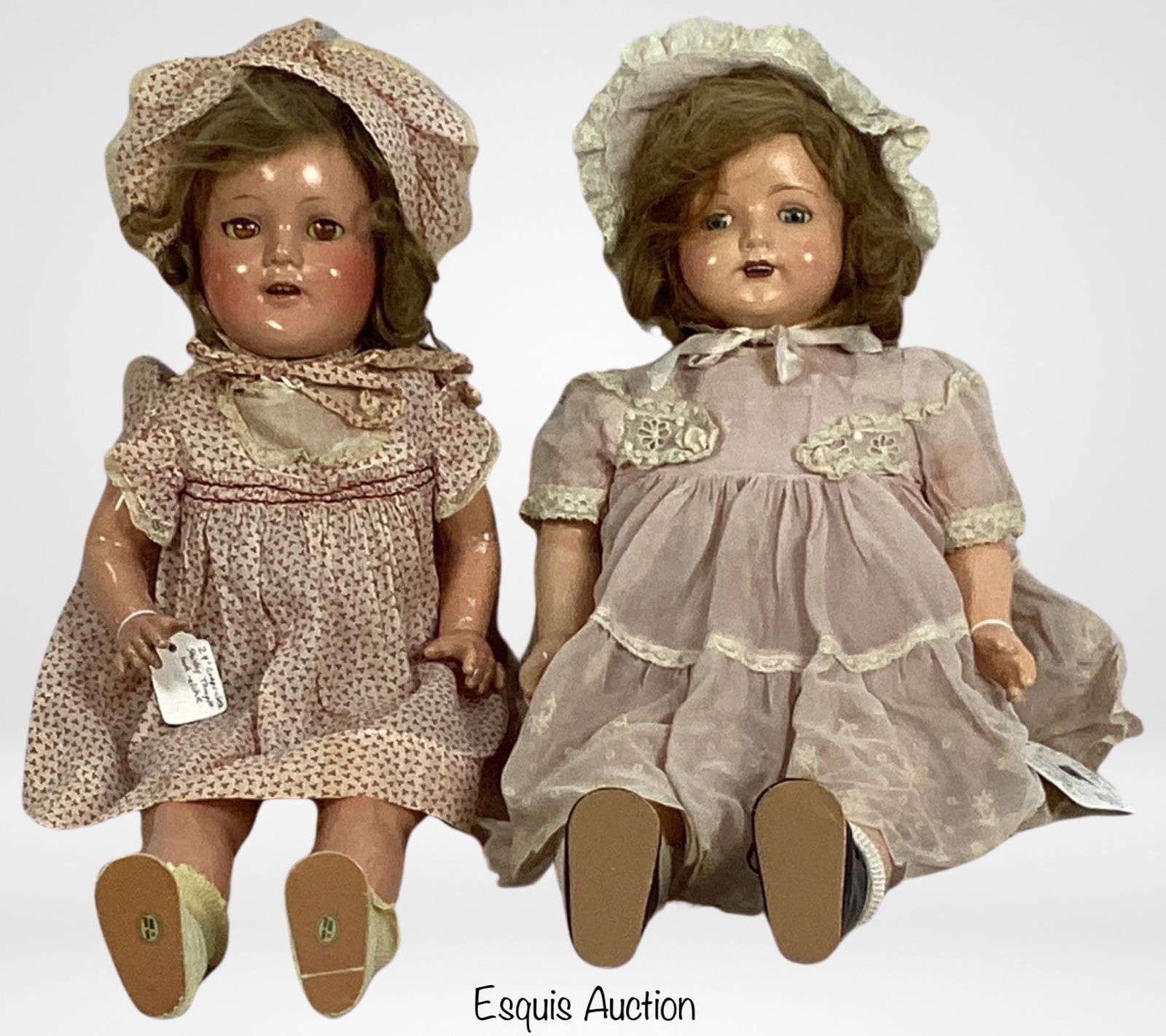 1940s Composition Doll Lot - Shirley Temple &Effan: Discover the allure of vintage composition dolls with this enchanting pair:1940's Unmarked Shirley Tample look alike Composition Doll with Cloth body- 24" tall; 1940's Effanbee Rosemary "Walk Talk Sle