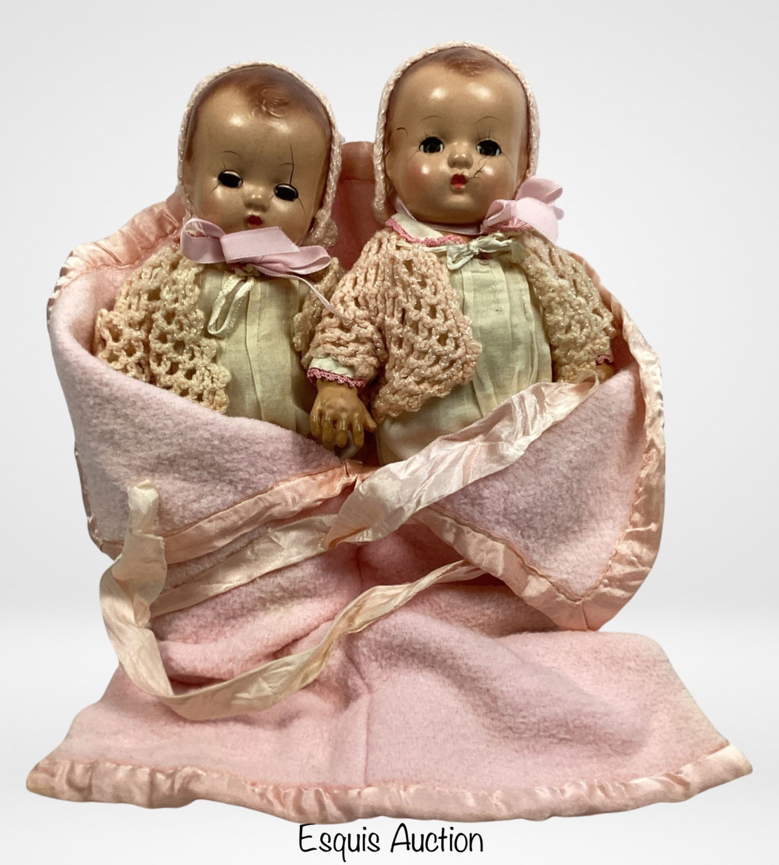 Effanbee Patsy Babyette Twins Composition Dolls: This delightful set features a pair of charming 1940's Effanbee Patsy Babyette Twins Composition Dolls, each measuring 9" tall. These dolls are particularly special as they come with the highly sought