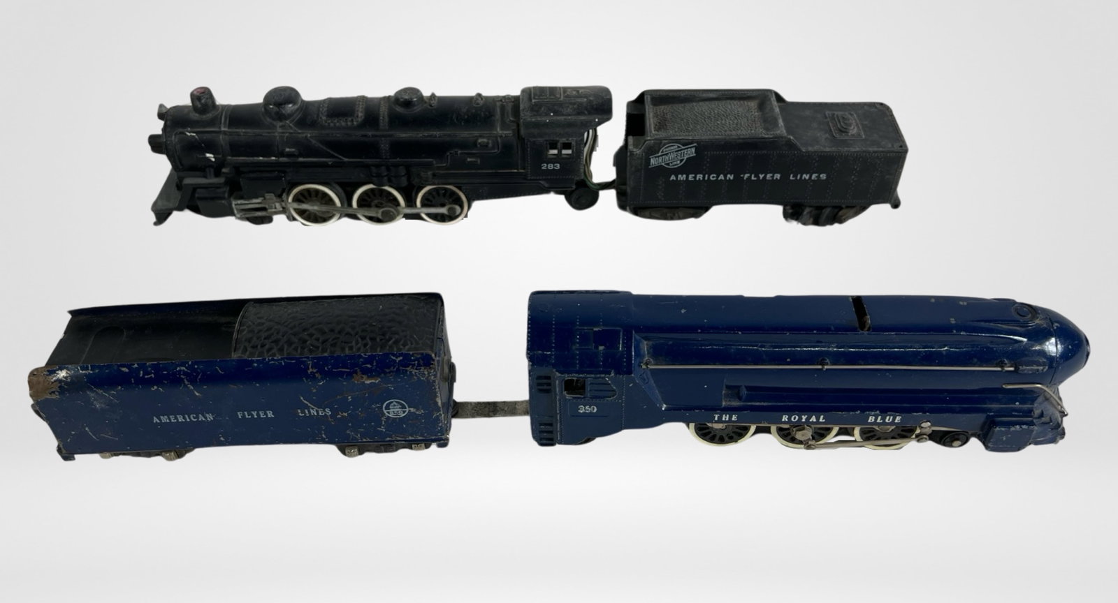 Vintage American Flyer Royal Blue & 283 Locomotive: Vintage American Flyer Royal Blue 350 Loco with Tender & Steam Loco 283 with Tender. S Gauge.