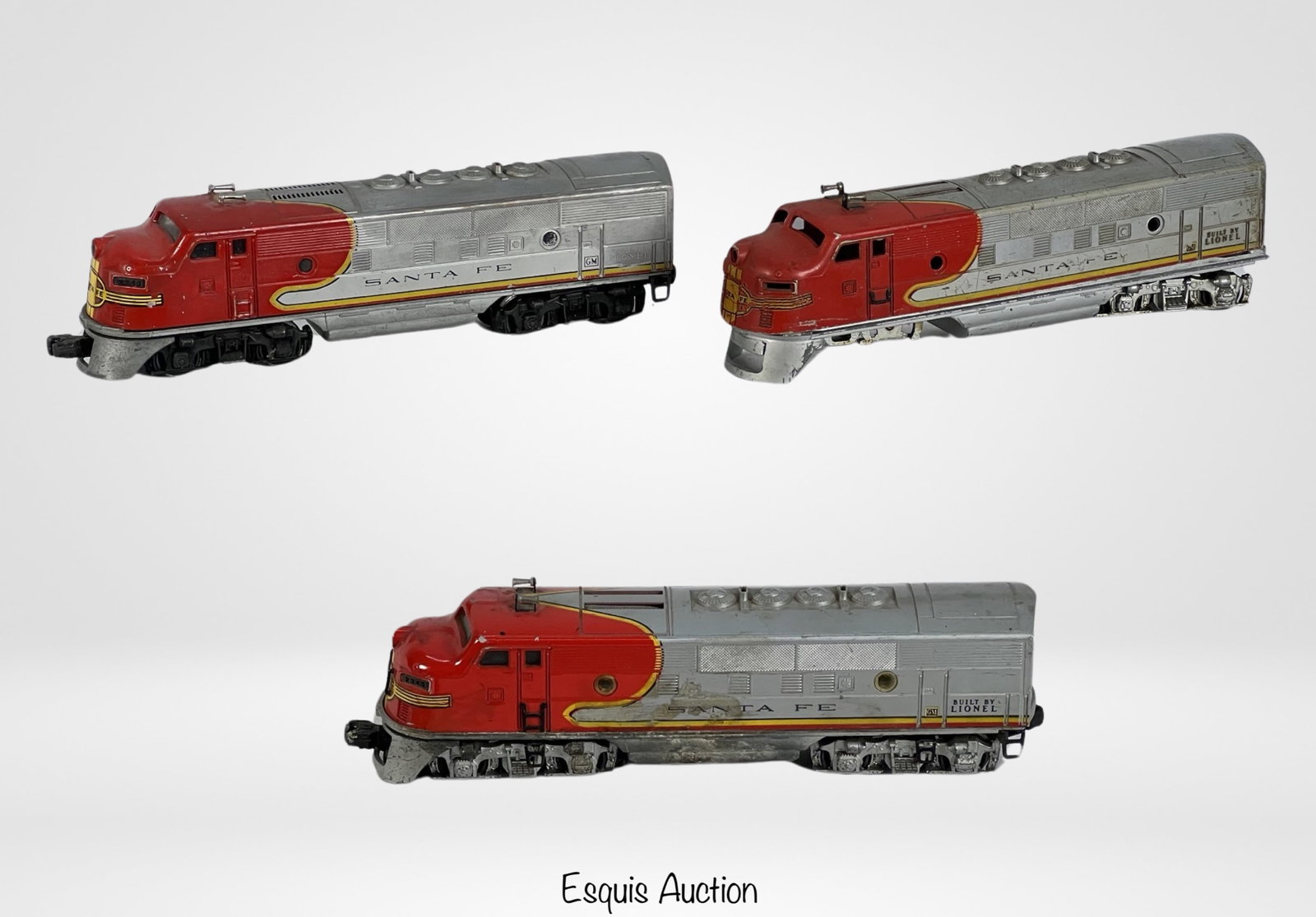 Vintage Lionel Santa Fe RR Diesel Locomotives: Lot of 3 Vintage Lionel Santa Fe RR Diesel Locomotives. One is in as found condition.