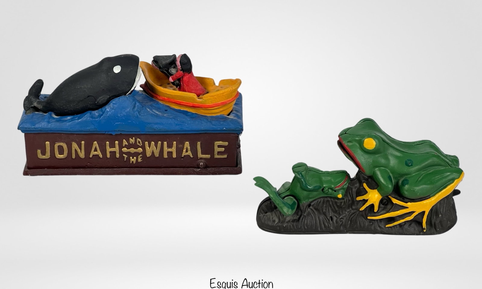 Vintage Mechanical Cast Iron Coin Banks: Vintage Mechanical Cast Iron Coin Banks- Johan and the Whale & Two Frogs.