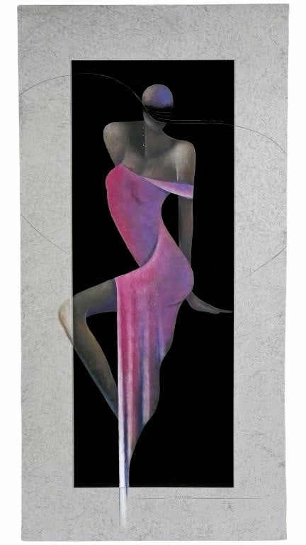 Valentine Metal Collage Acrylic Painting of a Lady: The acrylic painting on metal by Valentine portrays an elegant lady adorned with a hat and a Valentine's trademark—a sparkling earring in one ear. This unique artwork measures 40 inches by 20 inches