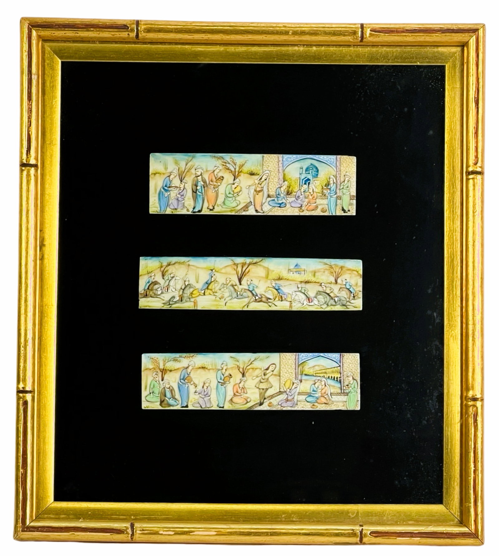 Antique Persian Miniature Painting on Bone: Transport yourself to a bygone era with this exquisite Antique Persian Miniature Painting on Bone. Comprising three intricately detailed bone segments, each depicting scenes from life, this unique art