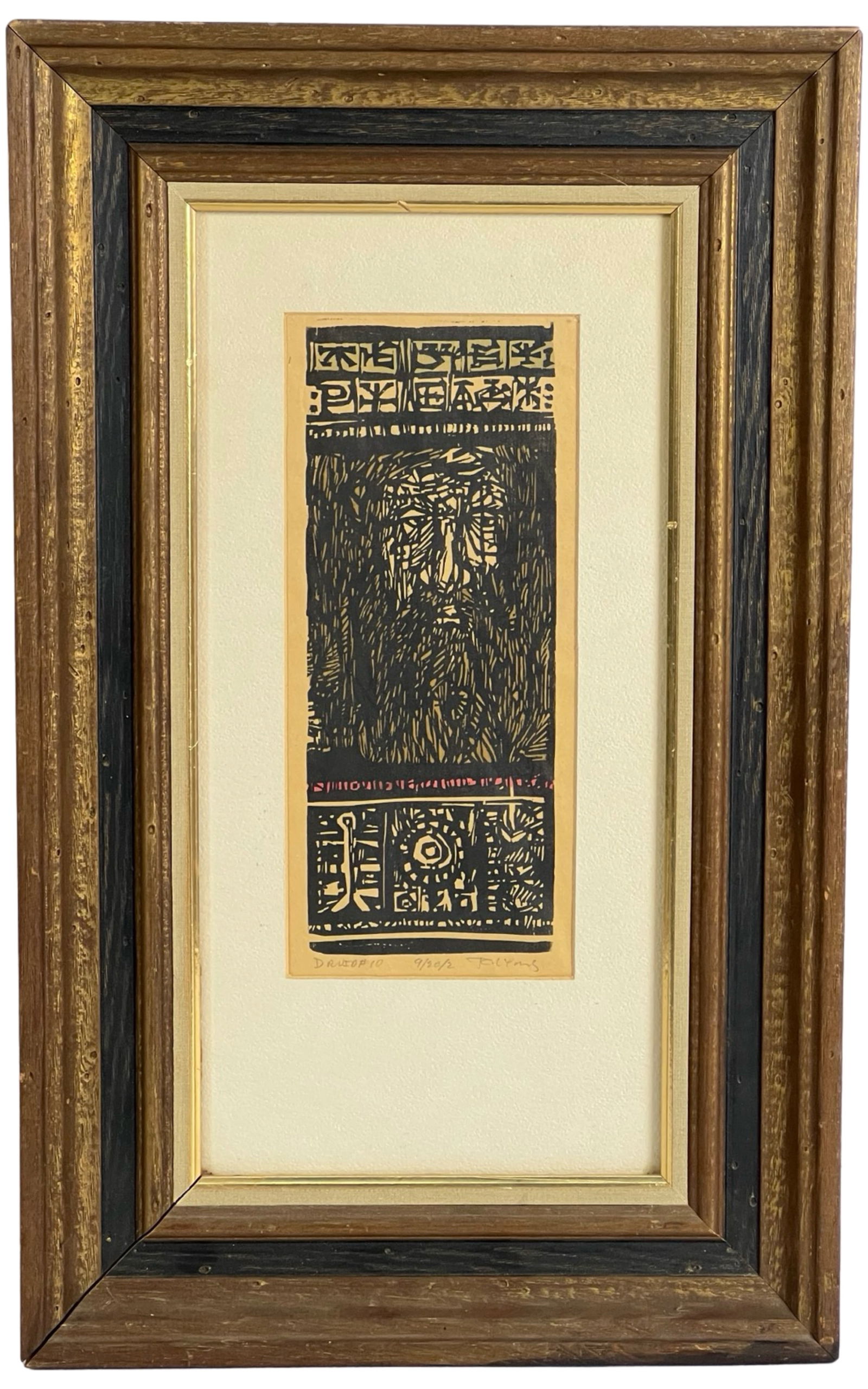 R. Charlie Lyons- Druid #10 Signed Woodblock Art: Explore the mystique of R. Charlie Lyons' artistic vision with "Druids #10," a captivating woodblock that transcends time and tradition. The hand-signed piece, located in the lower right corner, measu
