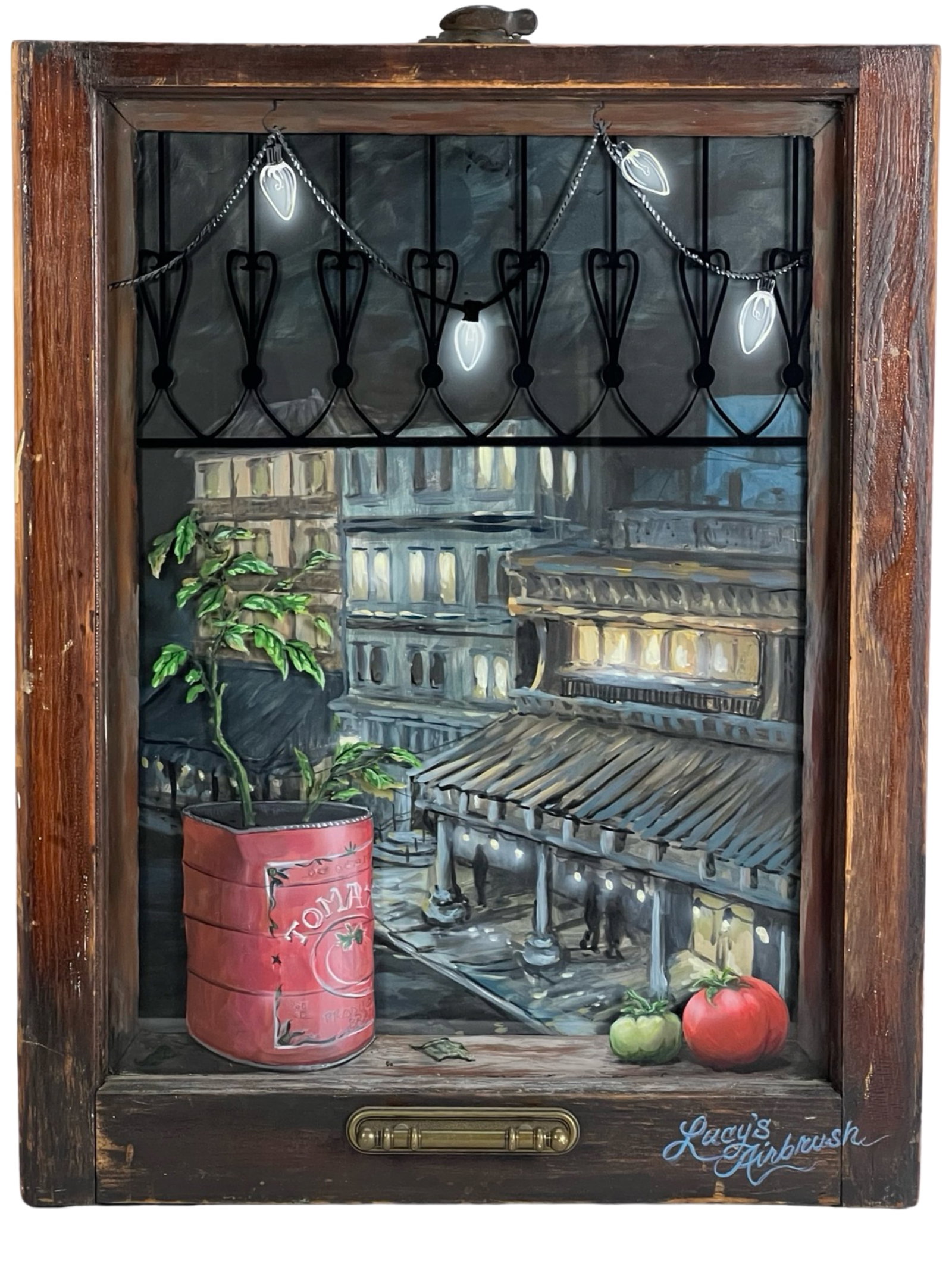 Old Window Airbrush Art Painting on Glass: Step into a bygone era with a captivating piece of art, where an old window comes to life through a unique airbrush painting on glass. This evocative creation depicts a charming street view, skillfull