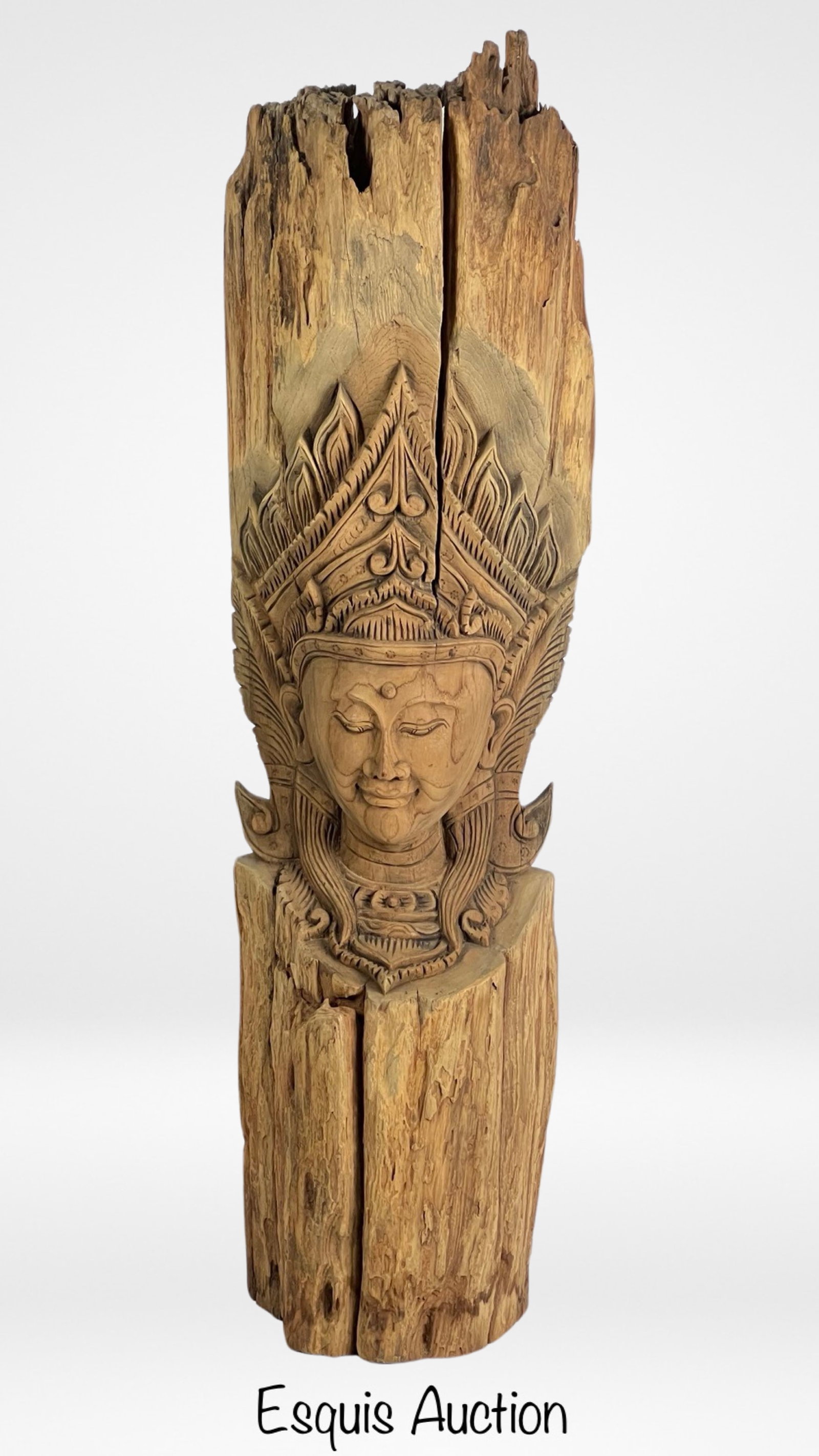 Large Thai Hand Carved Wooden Lanna Princess Scule: Immerse yourself in the exquisite craftsmanship of this Large Thai Hand-Carved Wooden Lanna Princess Sculpture, meticulously carved from a solid teak tree trunk. Measuring an impressive 43" x 11" x 8"