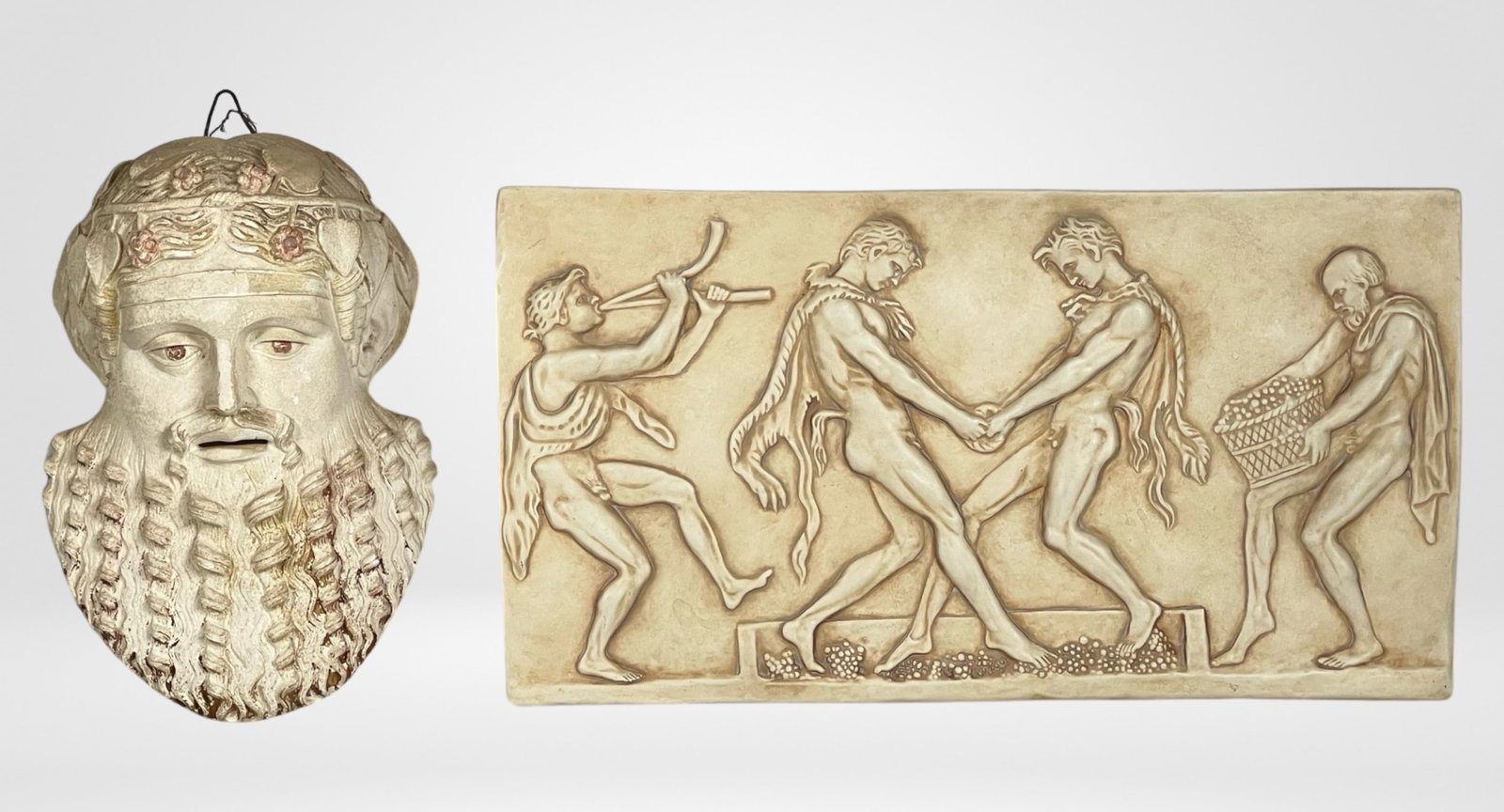 Ancient Roman Bas-Relief Wall Art & Dionysus Head: Experience the essence of Roman revelry with our captivating wall art ensemble, featuring the "Fauns Pressing Grapes" plaster bas-relief frieze/sculpture and the accompanying Ancient Greek Dionysus He